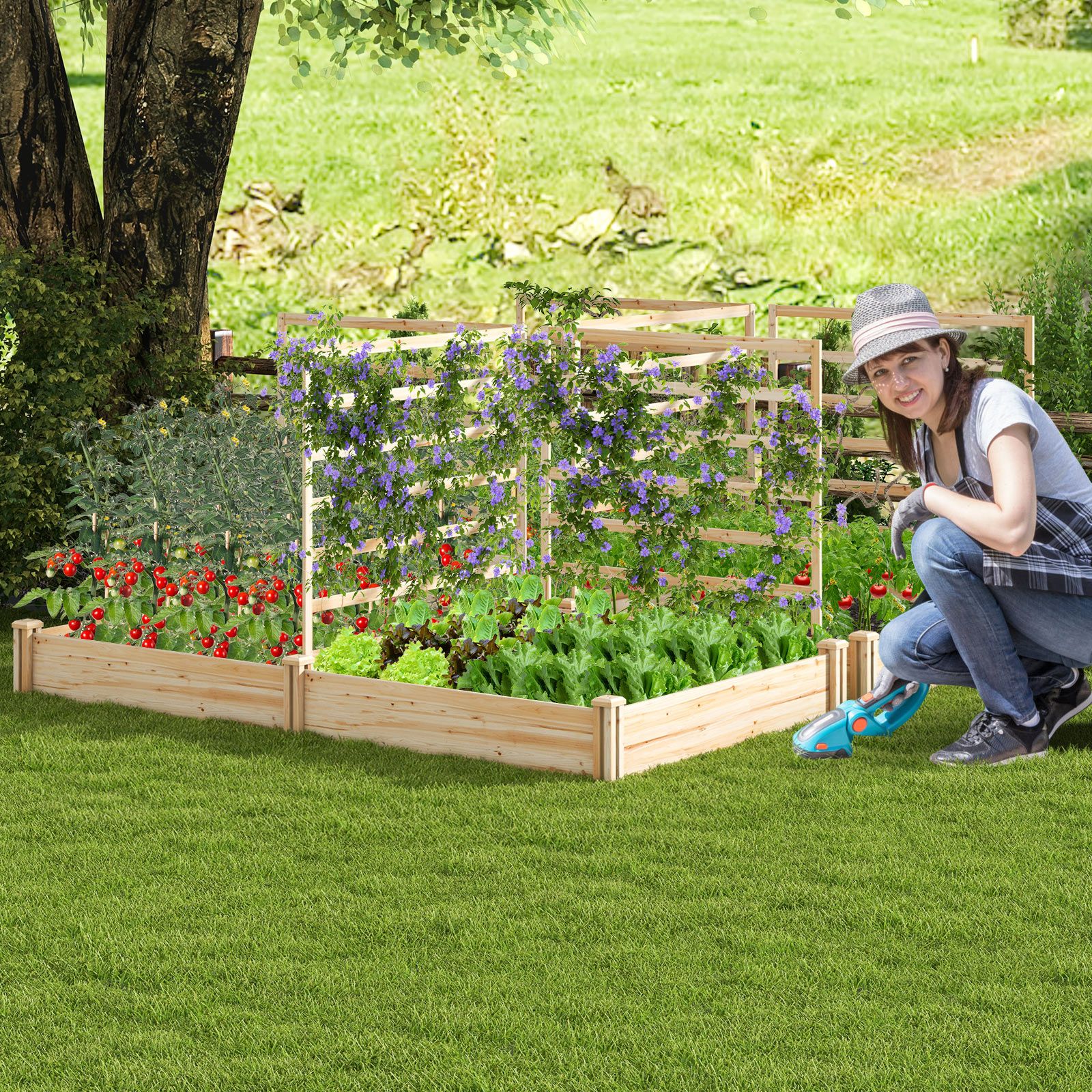 Raised Garden Bed, 2 Planter Boxes and 3 Trellis - Natural