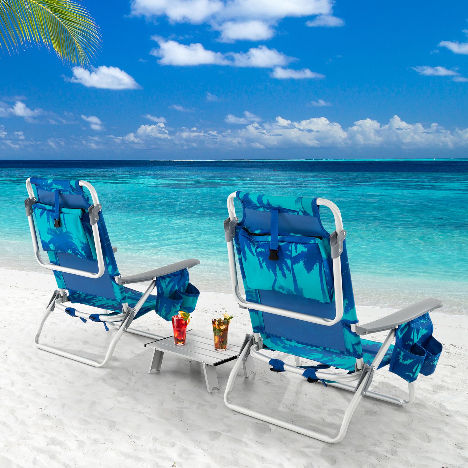 Ensemble de 2 ensembles chaises plage pliantes d'extérieur à 5 positions, sac dos et table
