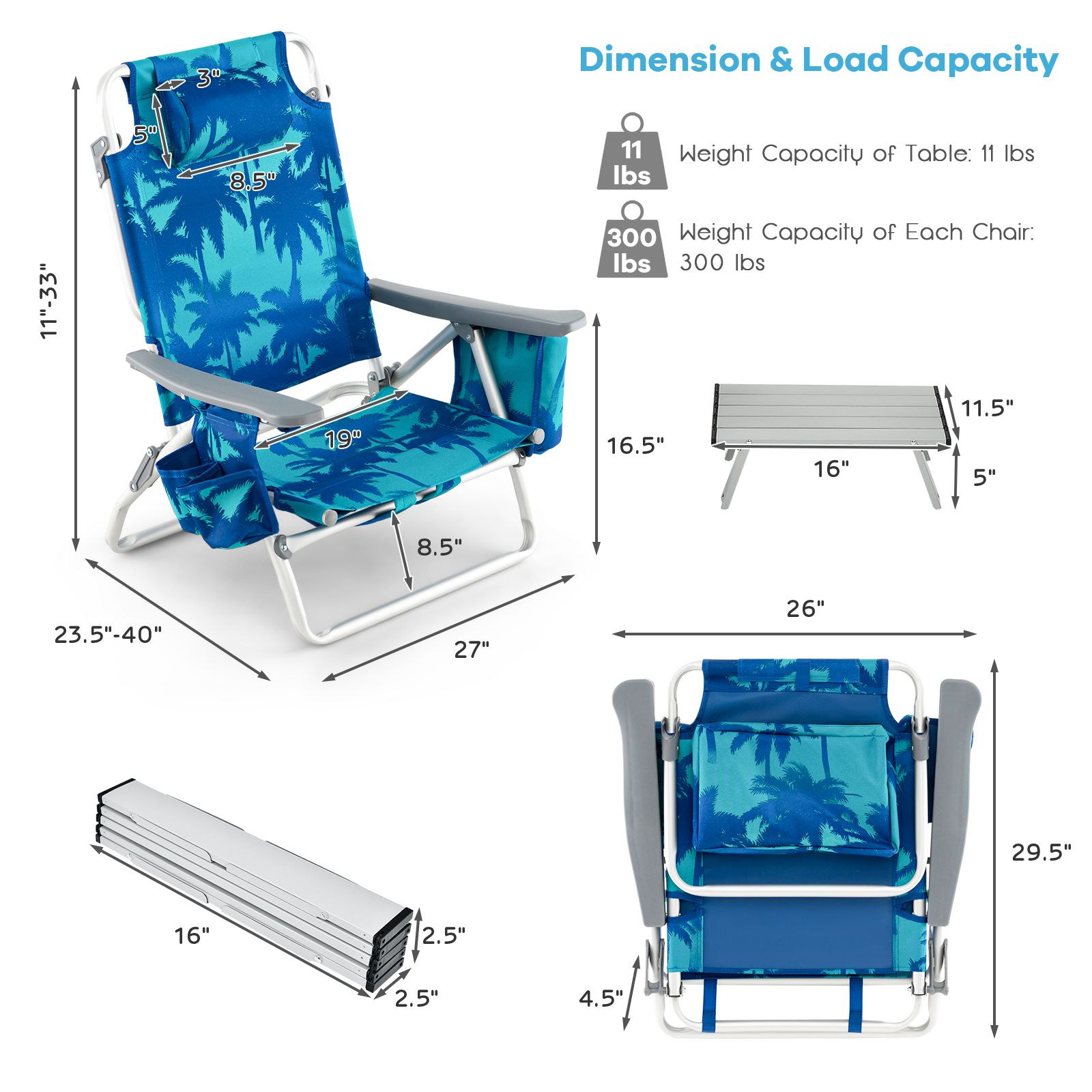 Ensemble de 2 ensembles chaises plage pliantes d'extérieur à 5 positions, sac dos et table