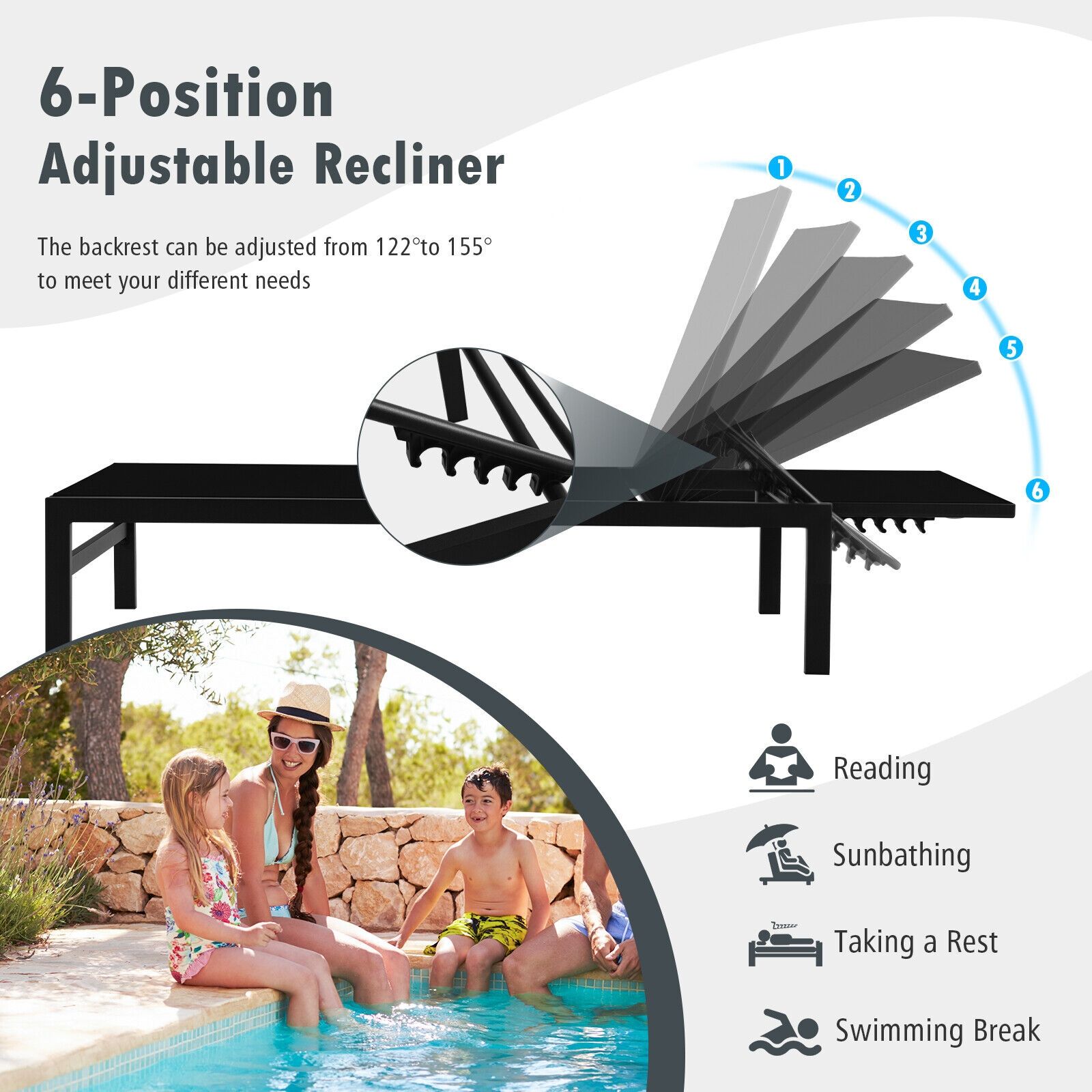 6-Position Chaise Lounge Chairs, Rustproof Aluminium Frame