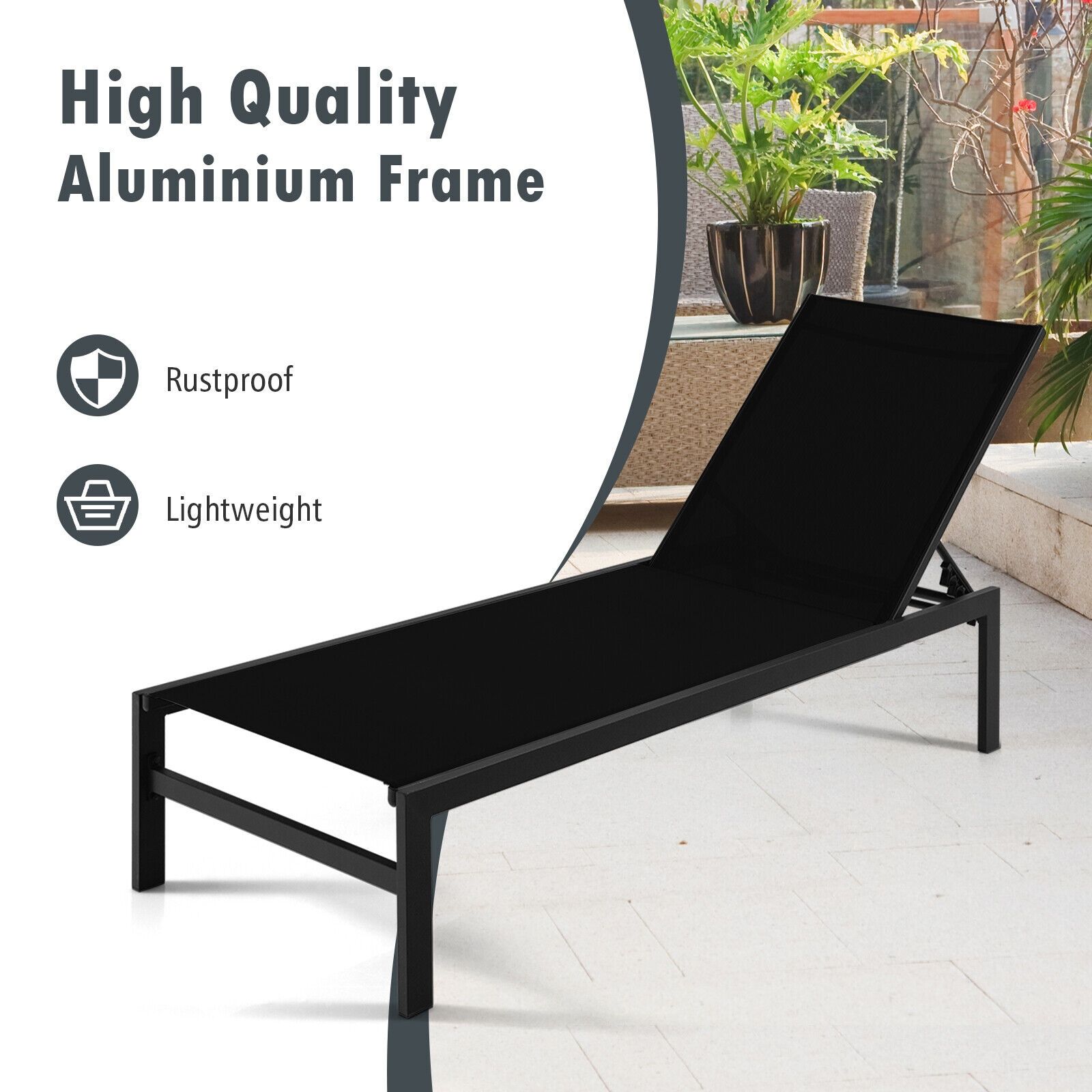 6-Position Chaise Lounge Chairs, Rustproof Aluminium Frame