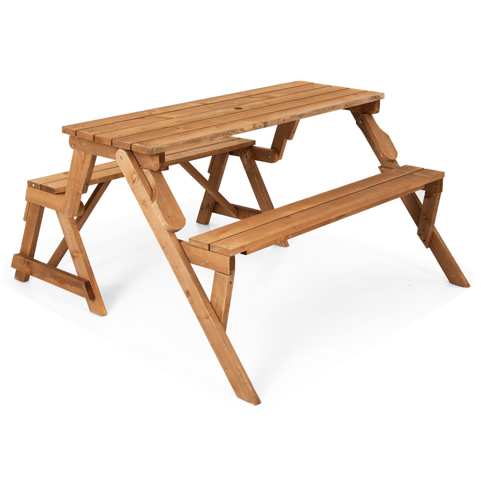 Banc de pique-nique en bois transformable 2-en-1, trou pour parasol - Naturel