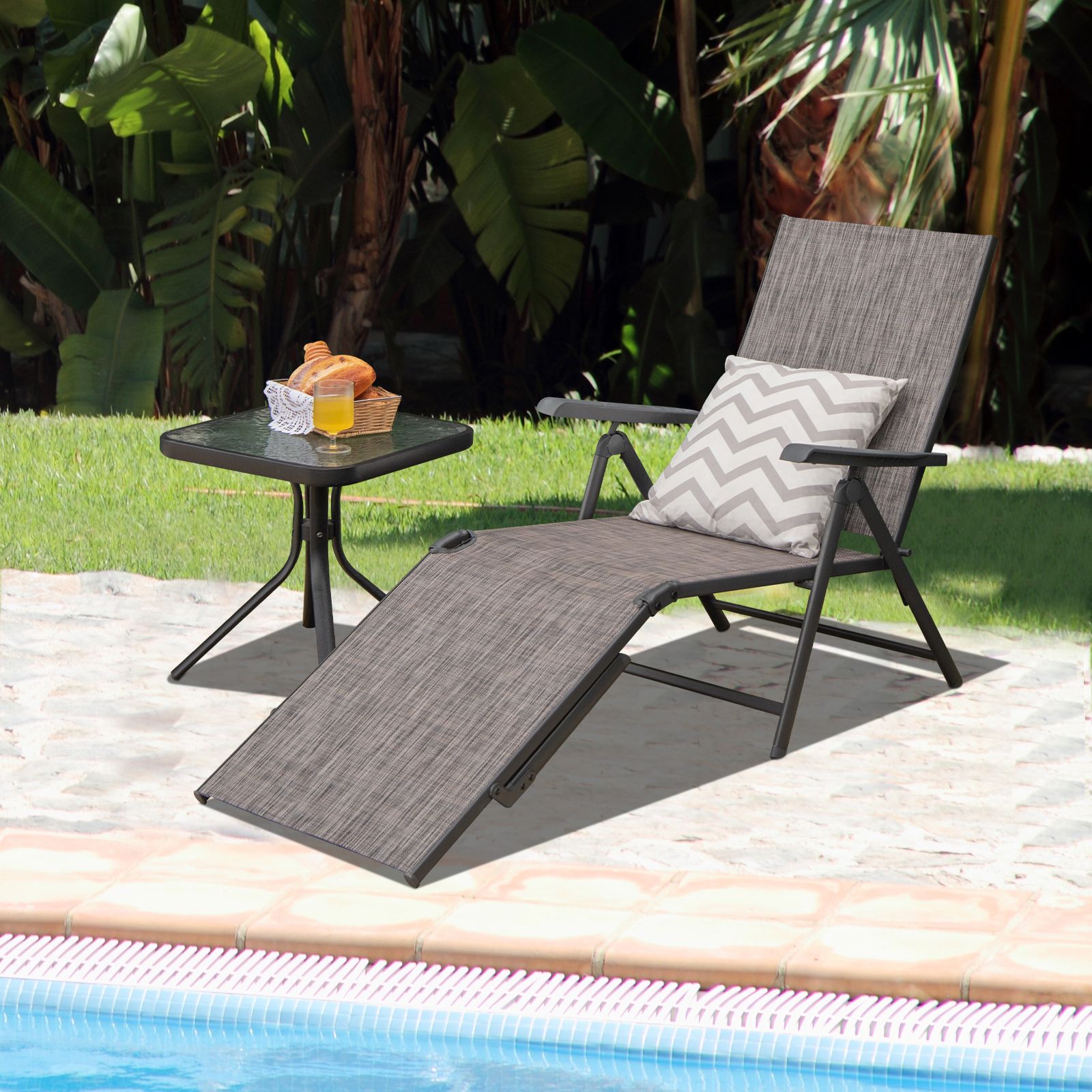 Chaise longue pliable de jardin, dossier et repose-pieds