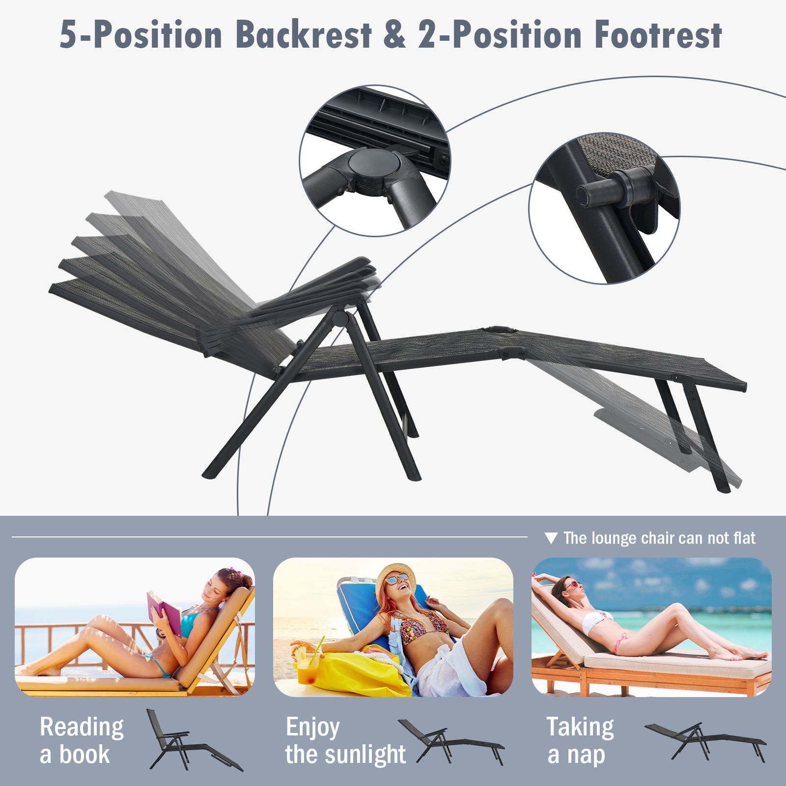 Patio Foldable Chaise Lounge Chair, Backrest and Footrest