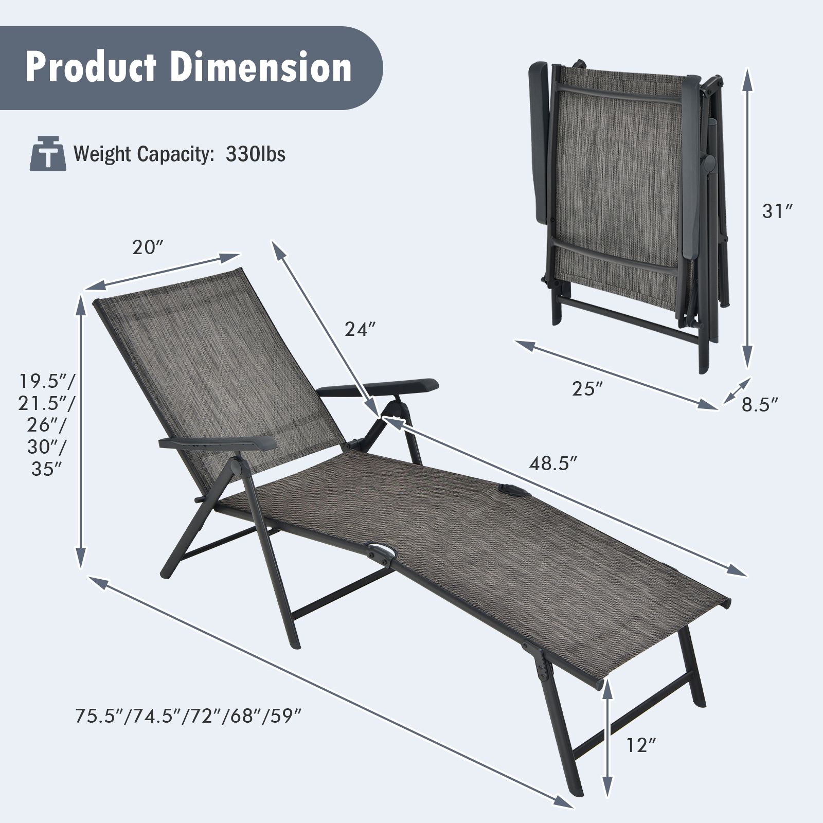 Patio Foldable Chaise Lounge Chair, Backrest and Footrest