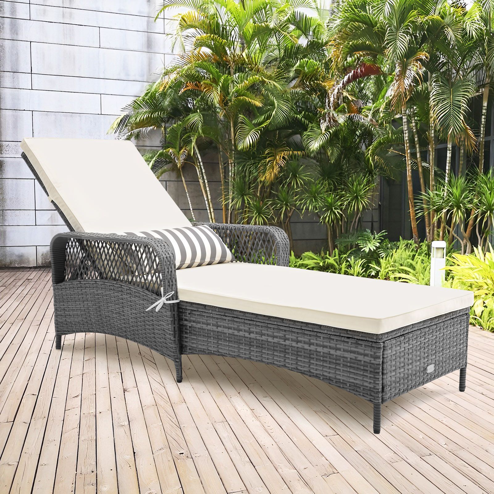 Outdoor Chaise Lounge Chair Recliner, 6-Level Backrest Cushion and Pillow