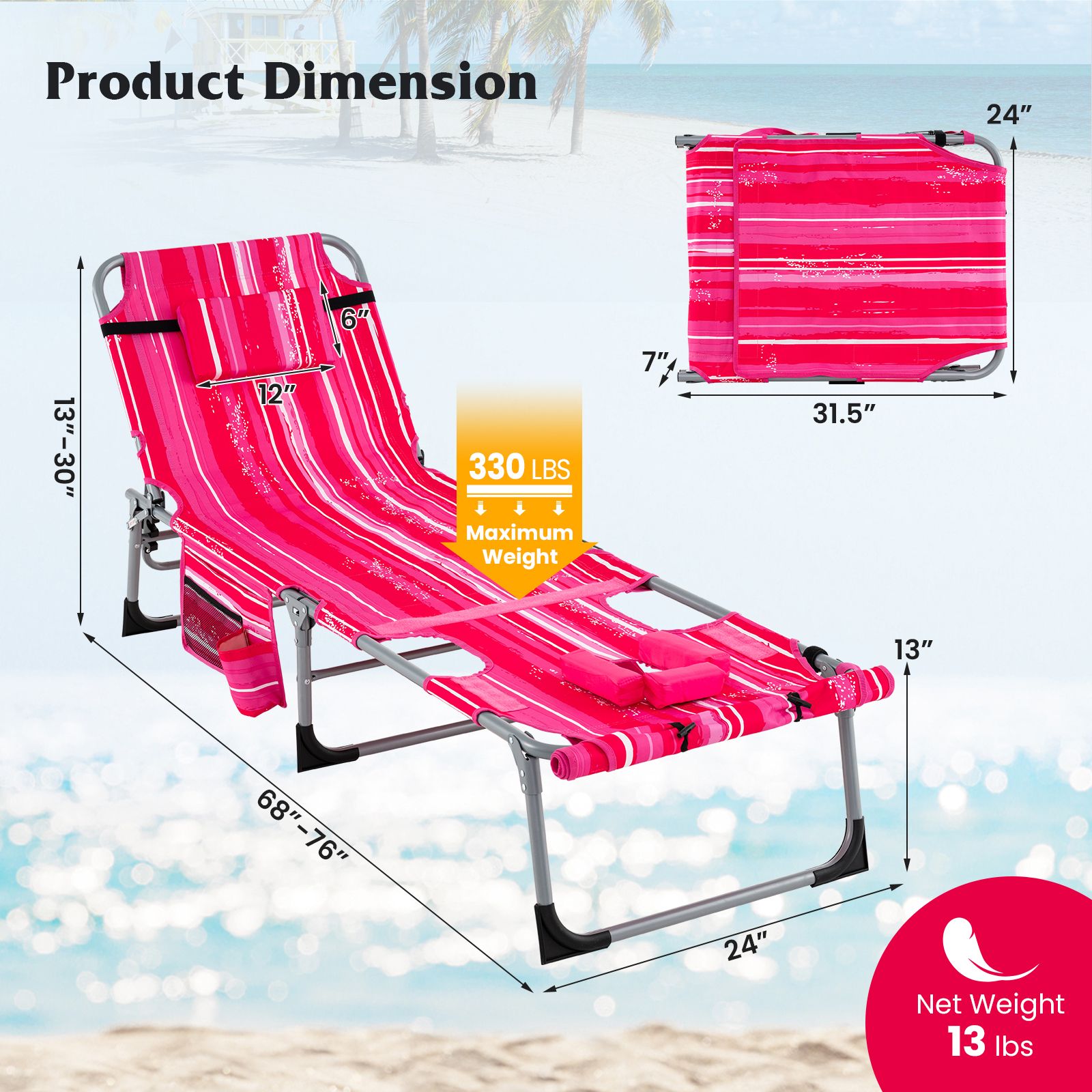 Chaise longue pliante d'extérieur à 5 positions
