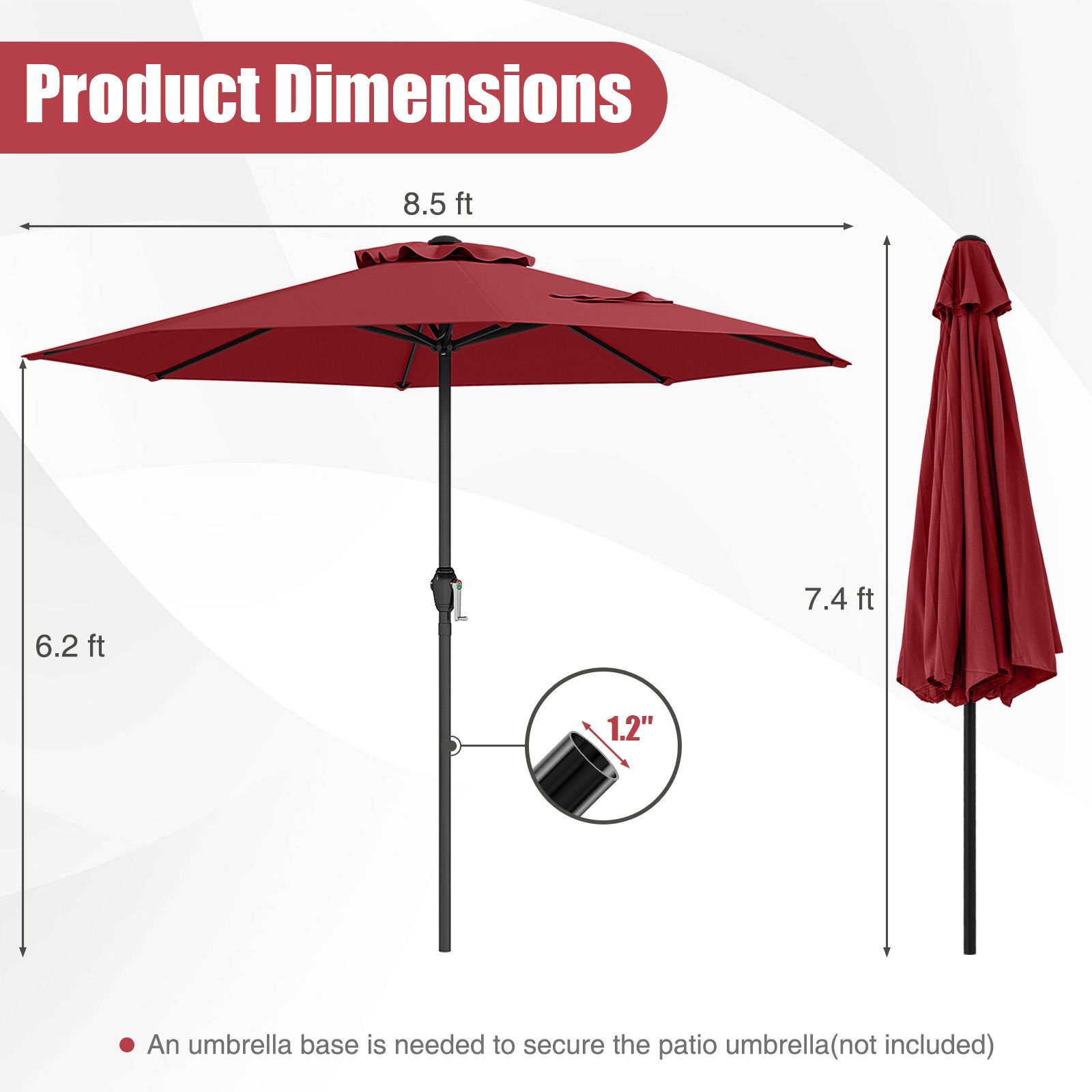 Parasol d'extérieur robuste, manivelle et 8 baleines solides