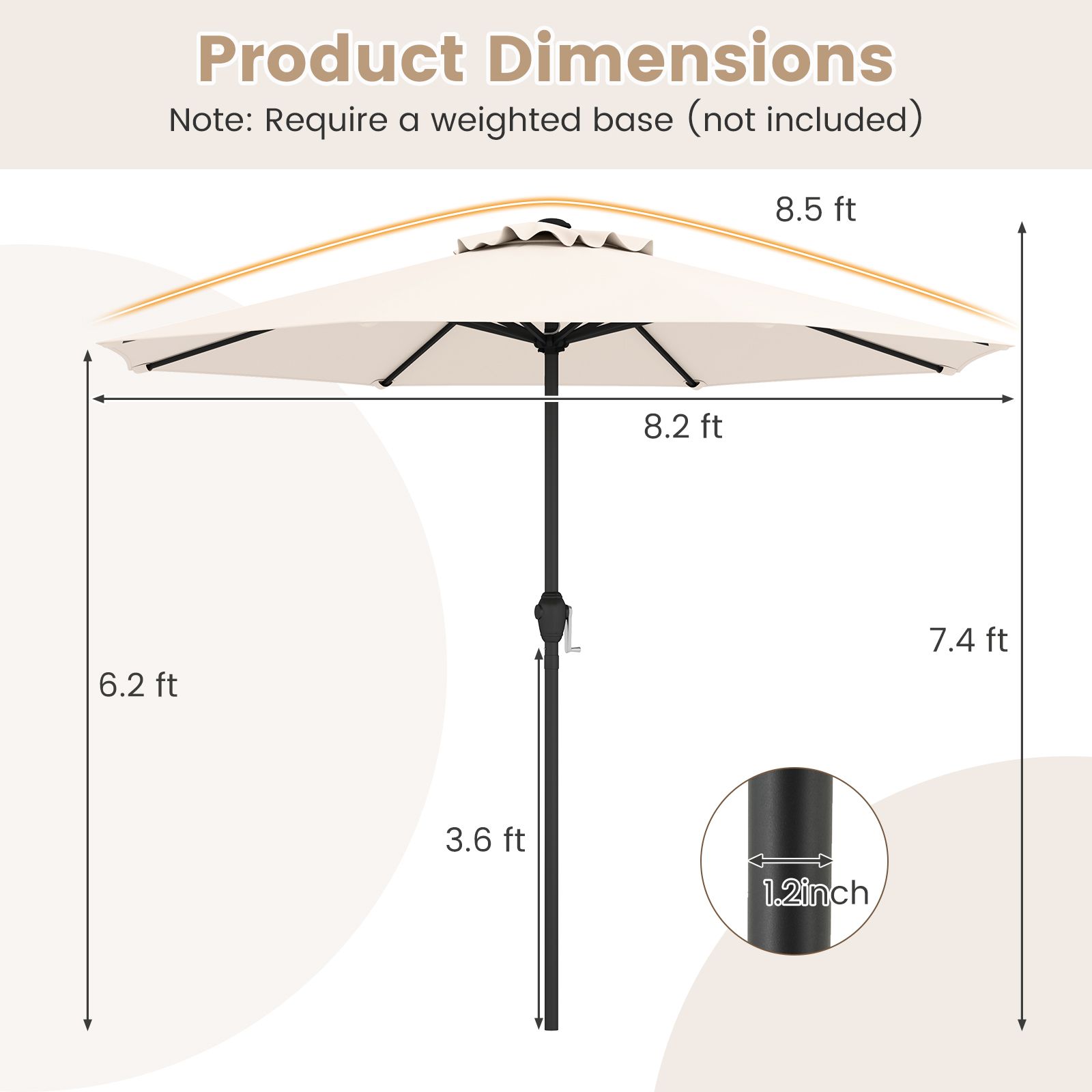 Outdoor Heavy Duty Market Umbrella, Crank Handle and 8 Sturdy Ribs