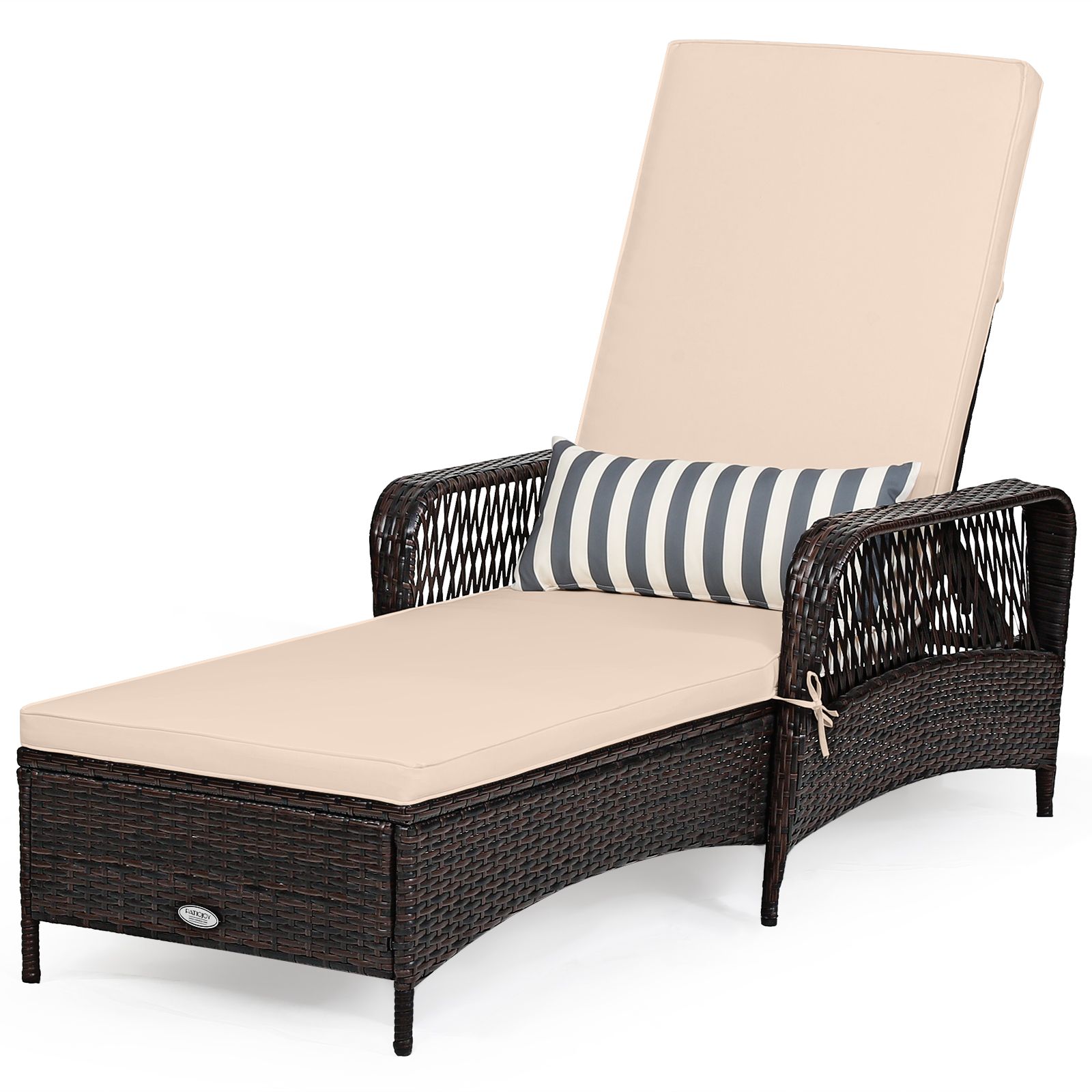 Outdoor Patio Wicker Chaise Lounge Chair, Adjustable Backrest and Pillow - Beige