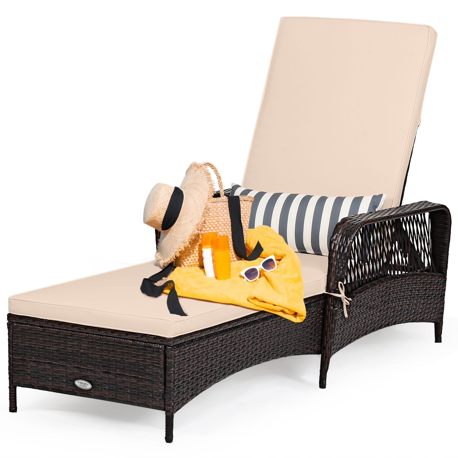 Outdoor Patio Wicker Chaise Lounge Chair, Adjustable Backrest and Pillow - Beige