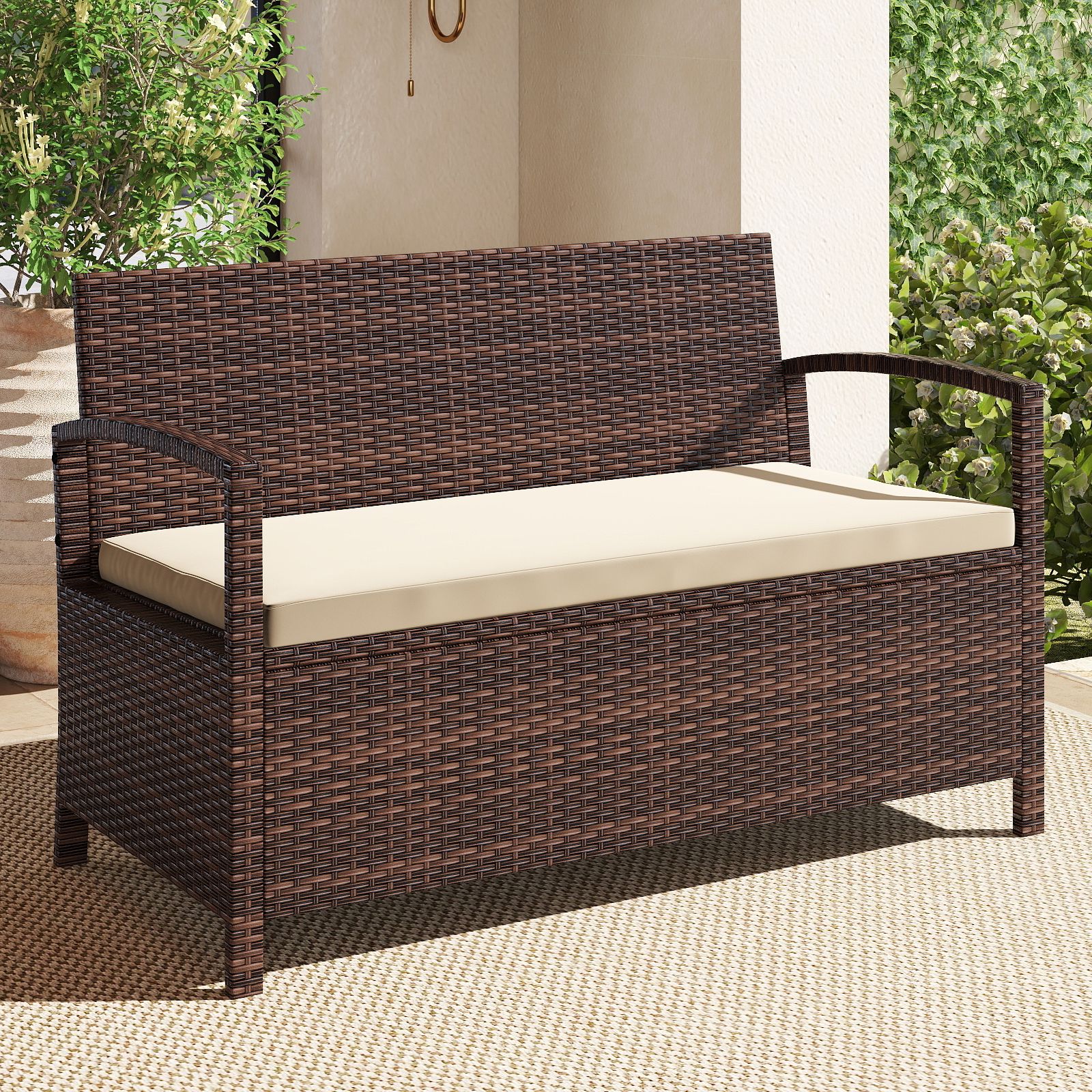 Outdoor PE Wicker Storage Bench 2 Seater, Cushion and 42 Gallon Deck Box - Beige