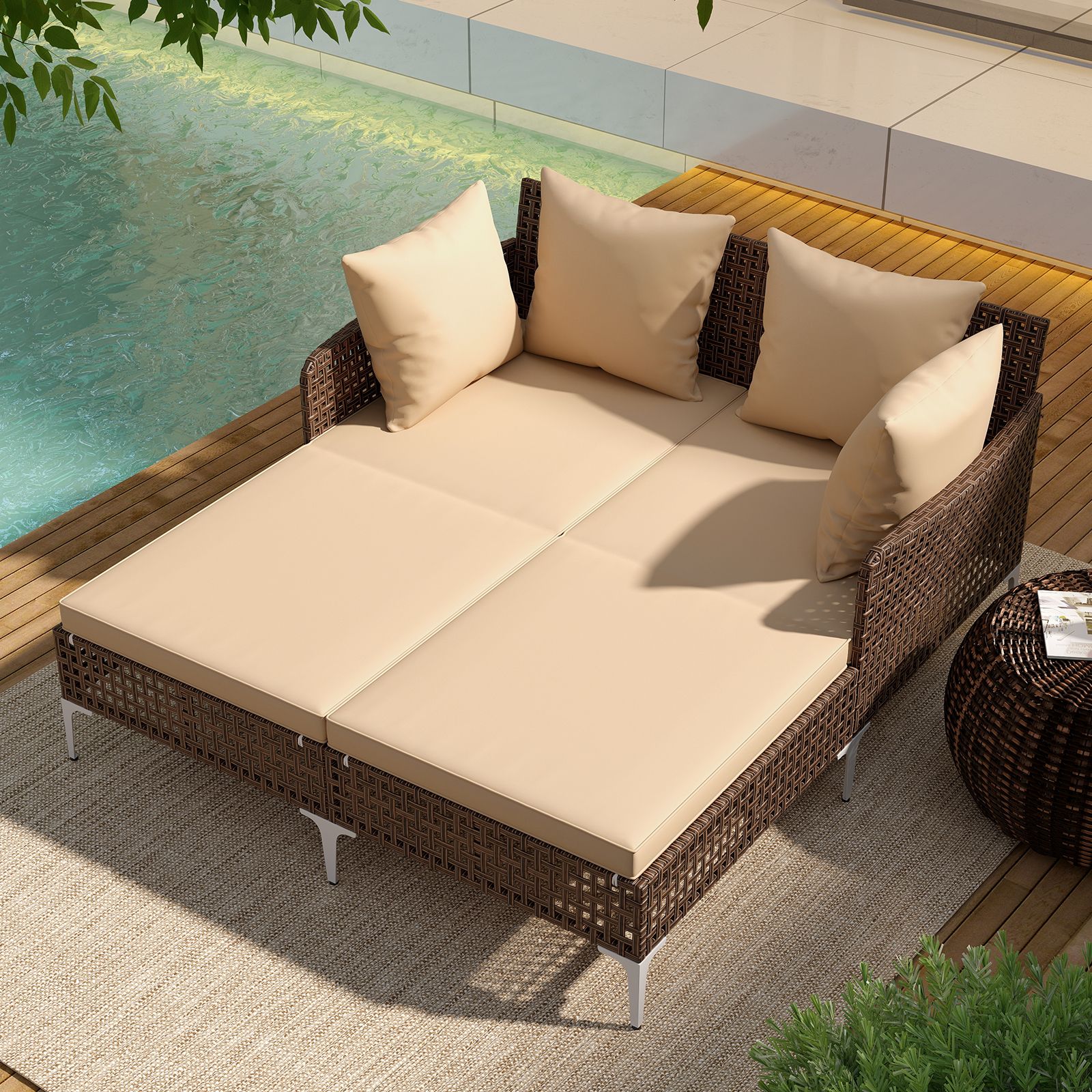 Outdoor Rattan Double Daybed Wicker Chaise Lounge - Brown