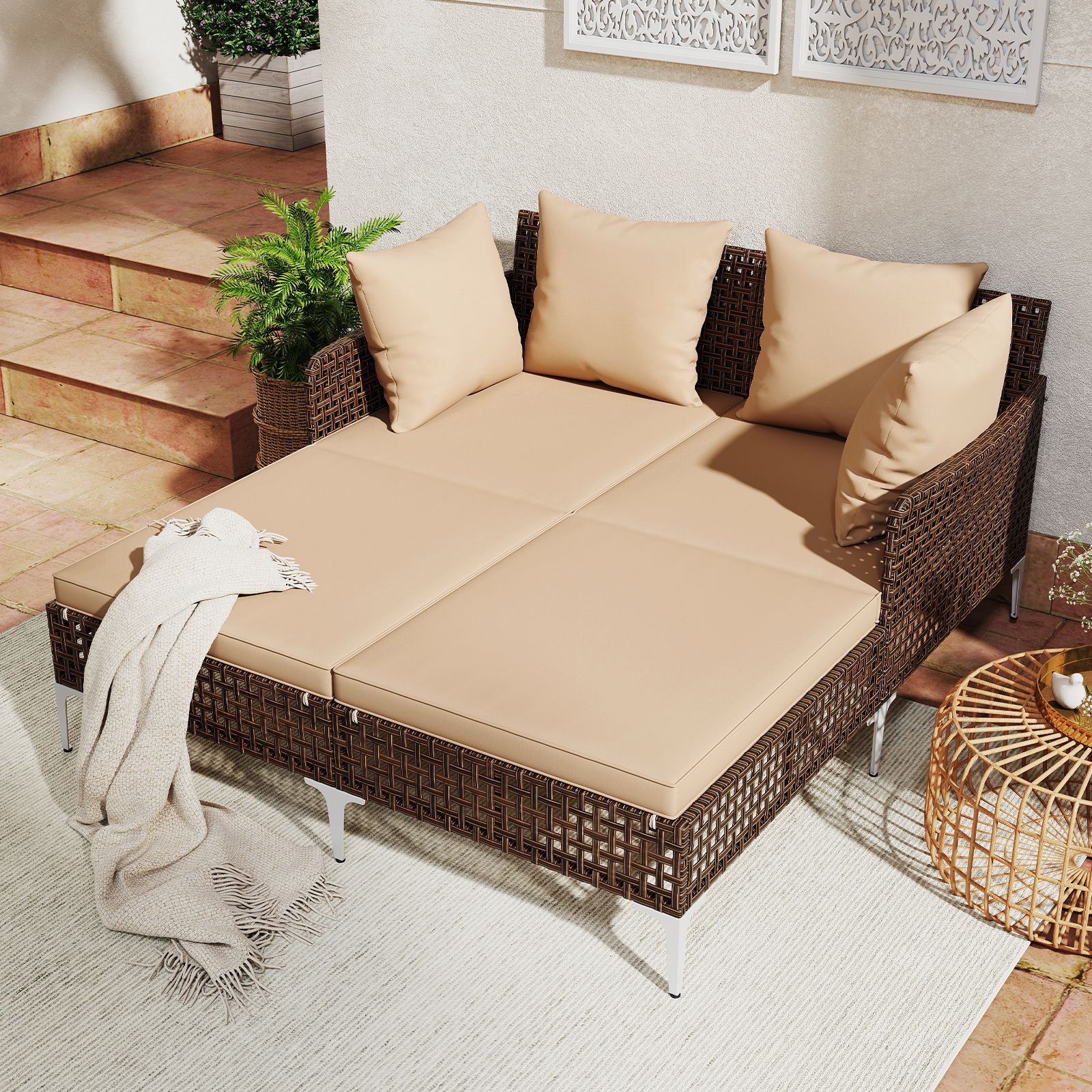Outdoor Rattan Double Daybed Wicker Chaise Lounge - Brown