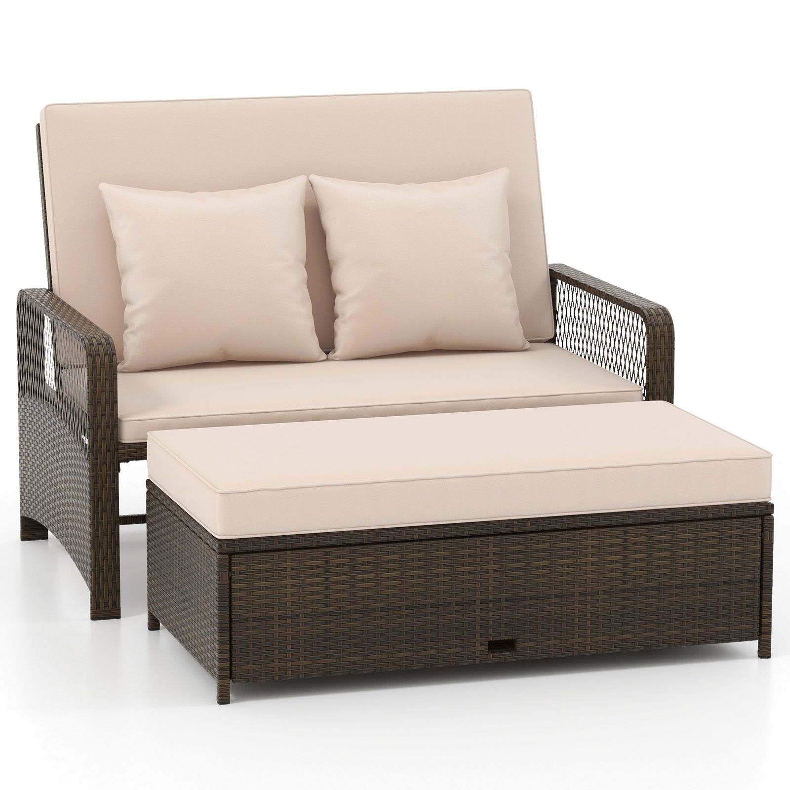 Lit de jardin en osier réglable, dossier à 4 niveaux et coussins moelleux - Beige