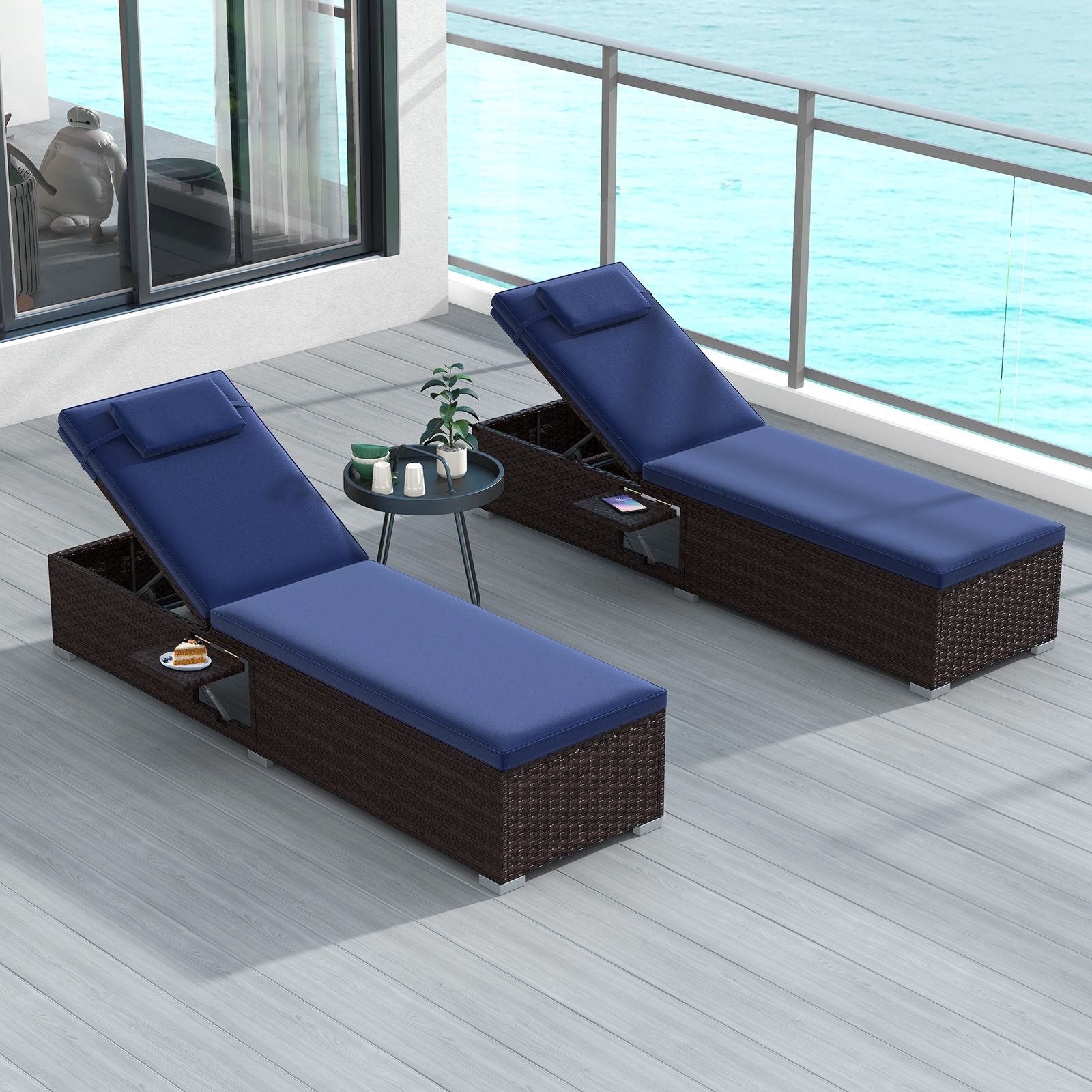 Patio Chaise Lounge Set of 2, Backrest Seat Cushion and Headrest - Navy