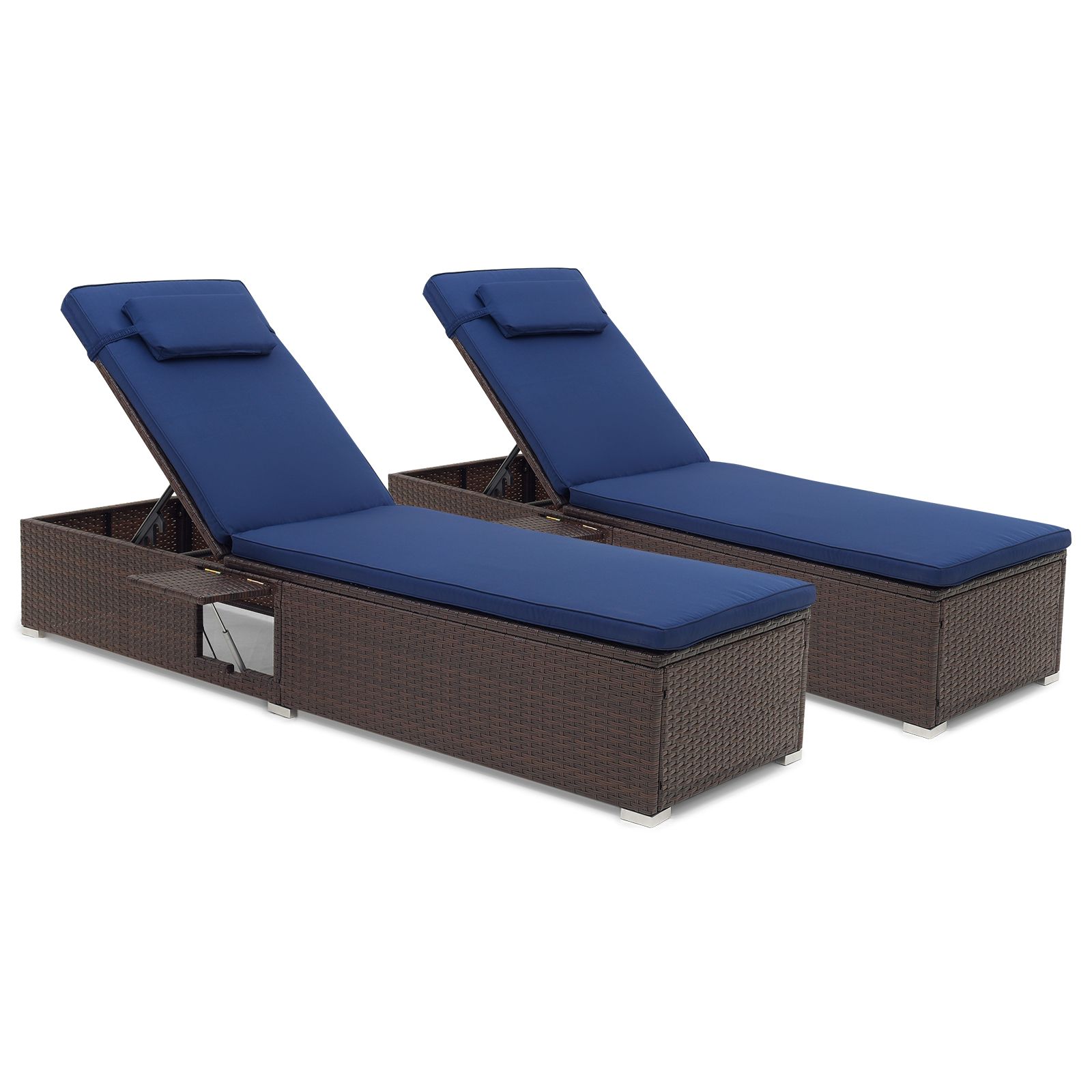 Ensemble de 2 chaises longues de jardin, coussin d'assise et appui-tête - Bleu marine