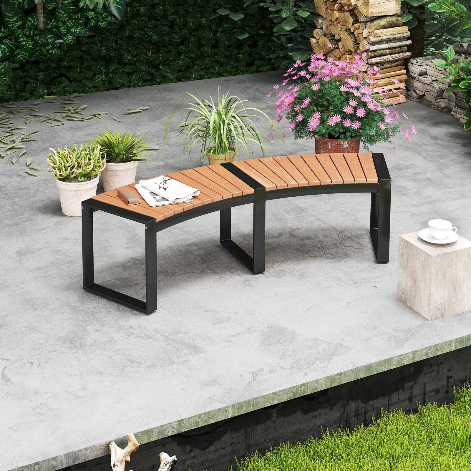 Patio Curved Bench, Slatted Seat and Metal Legs - 1 Piece