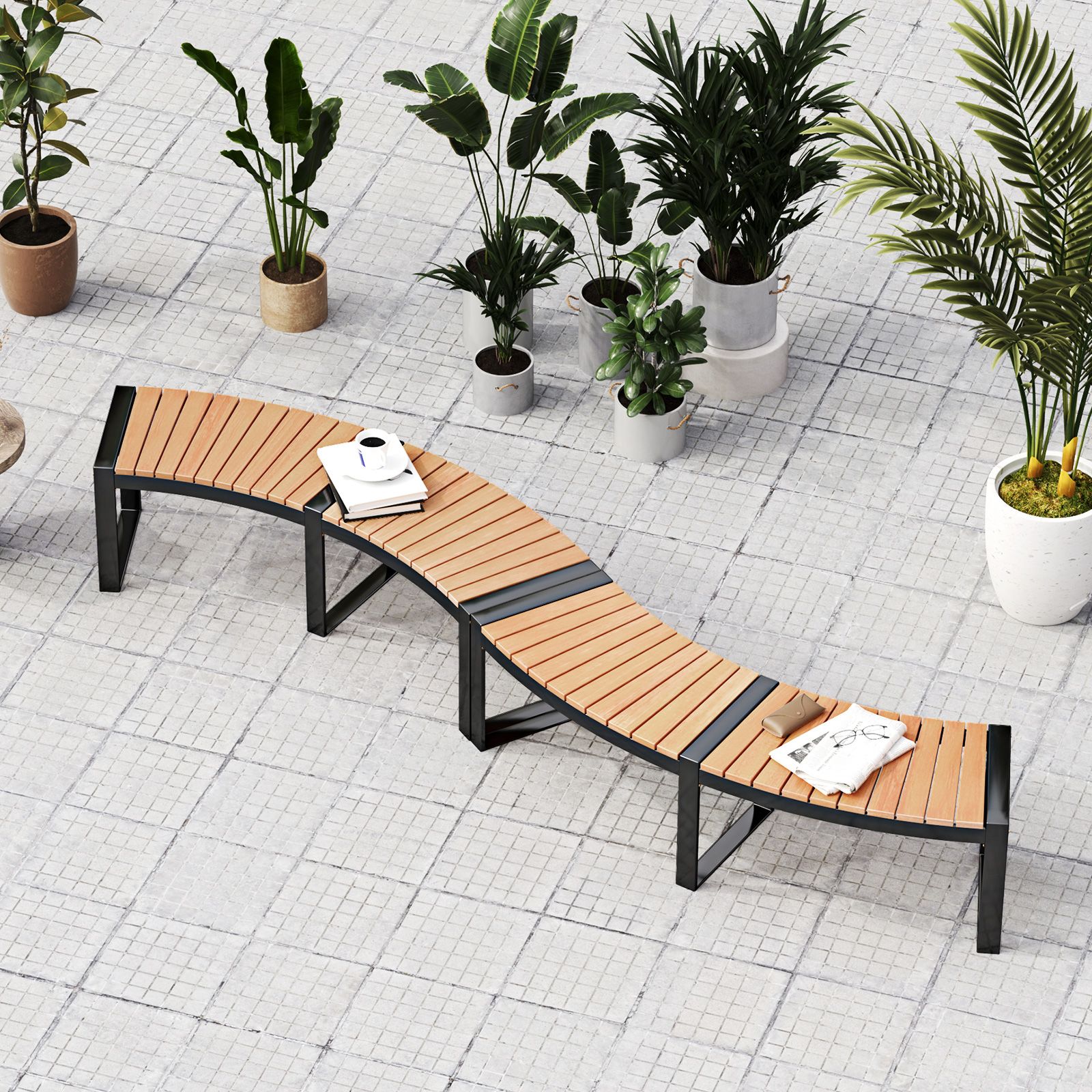 Patio Curved Bench, Slatted Seat and Metal Legs - 1 Piece
