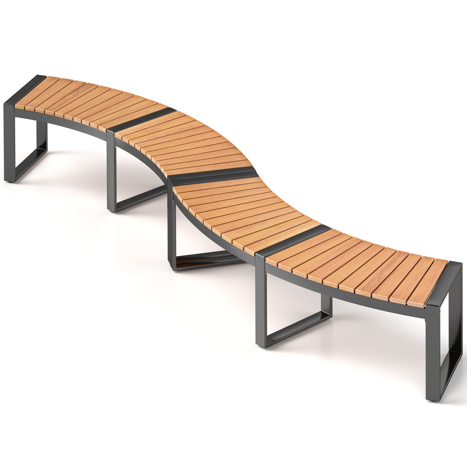 Patio Curved Bench, Slatted Seat and Metal Legs - 1 Piece