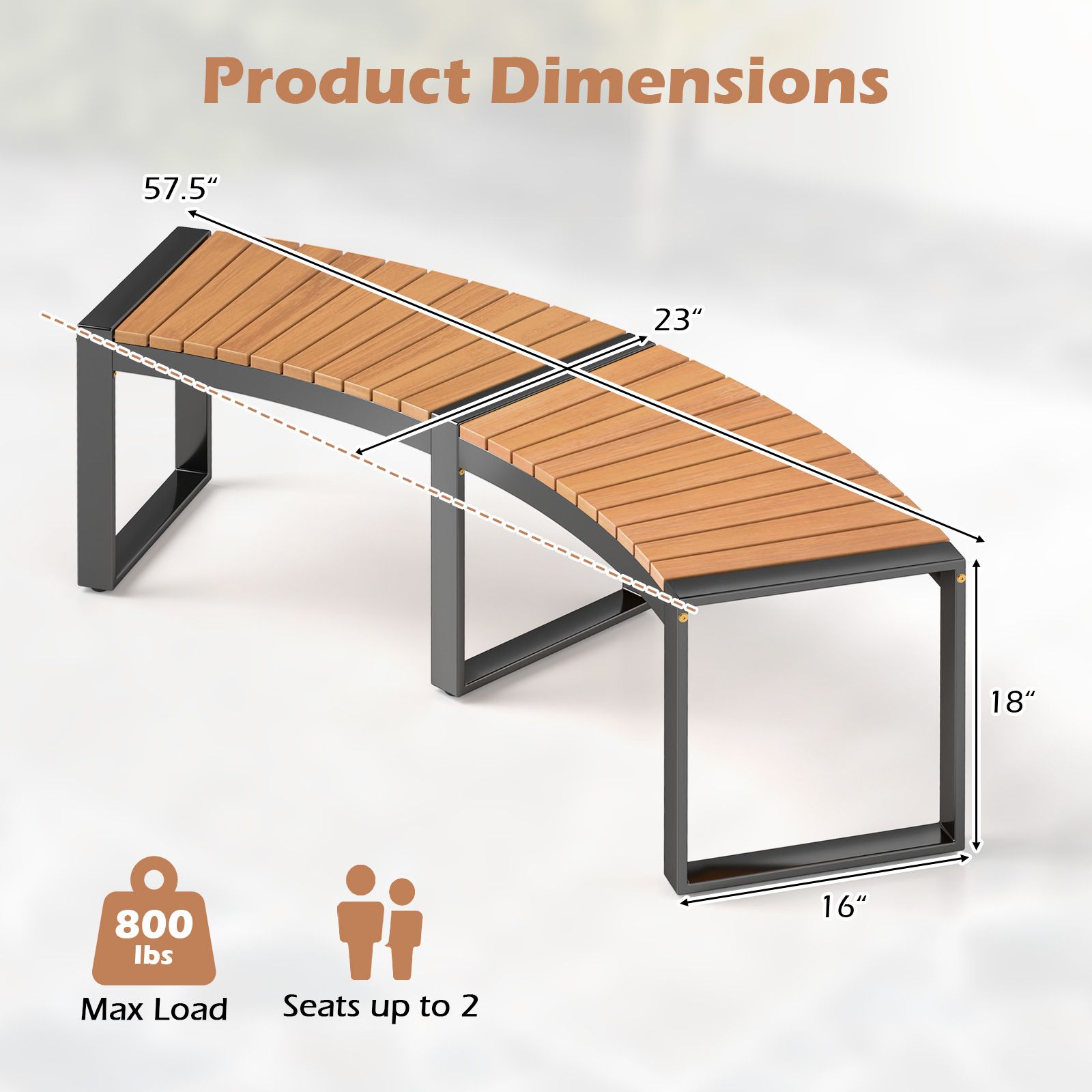 Patio Curved Bench, Slatted Seat and Metal Legs - 1 Piece