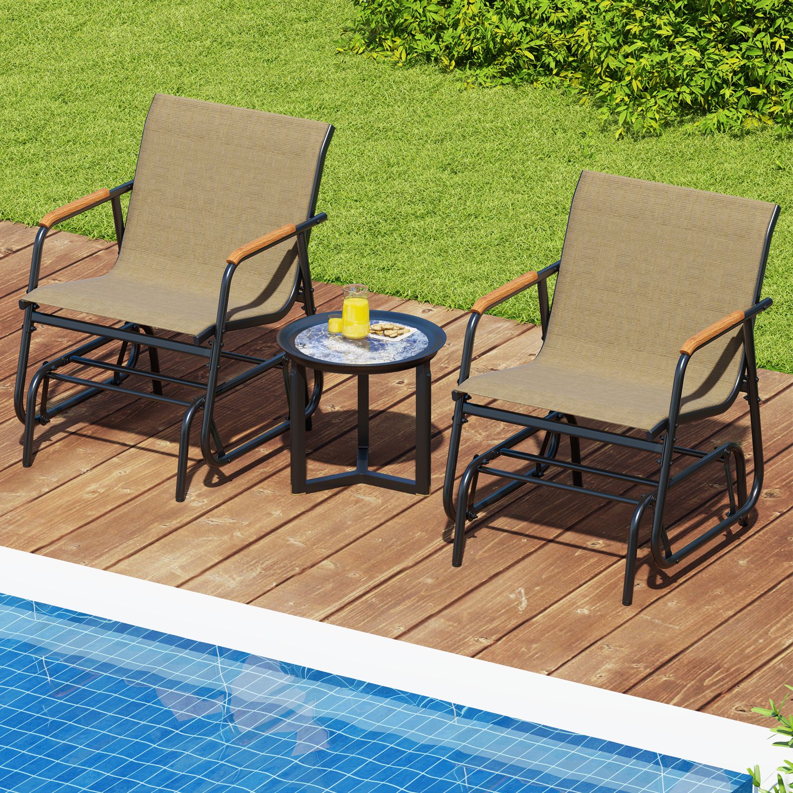 Patio Glider Chair Set of 2, Curved Teak Armrests and Breathable Fabric Seat - Brown