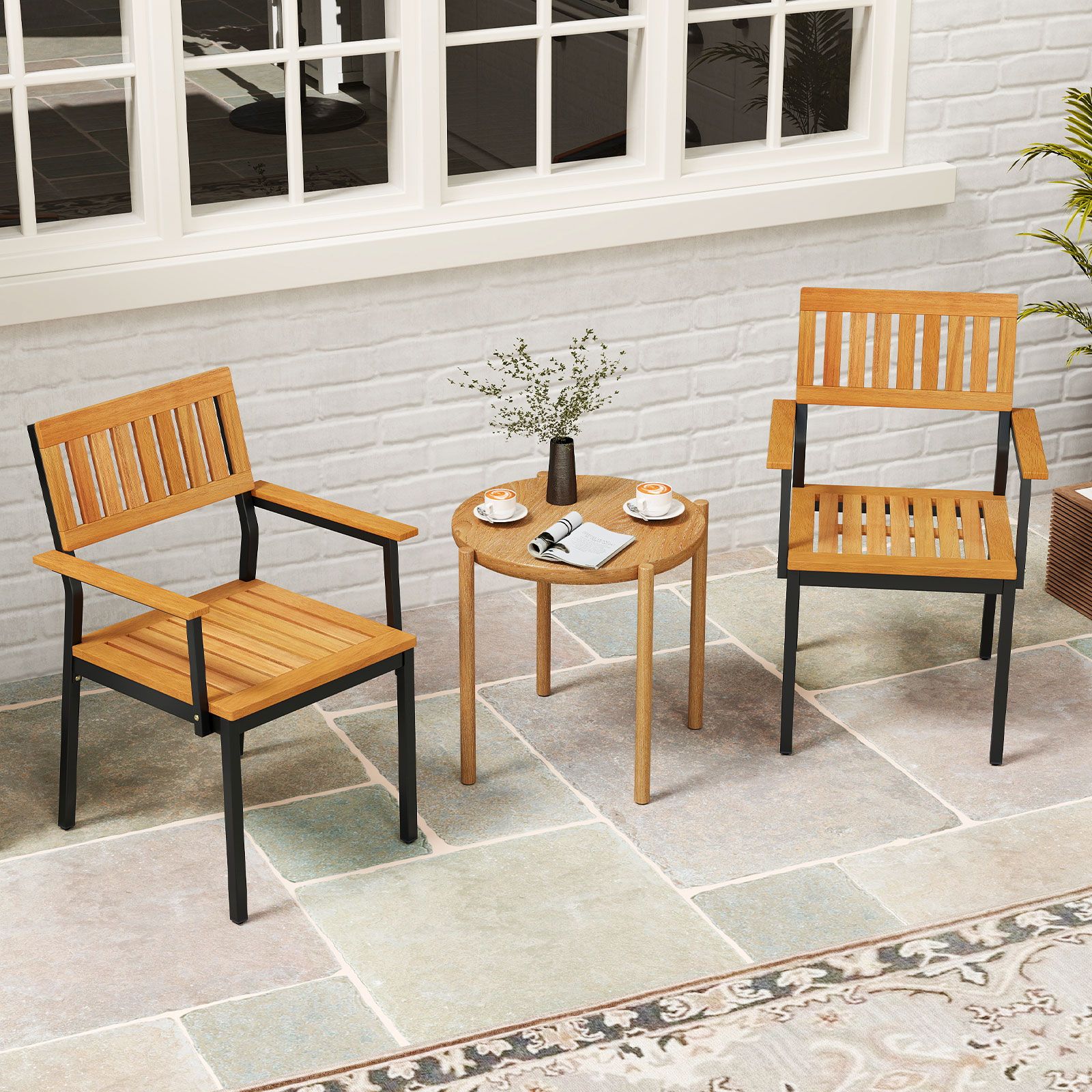 Patio Outdoor Dining Chair Set of 2, Metal and Acacia Wood Frame