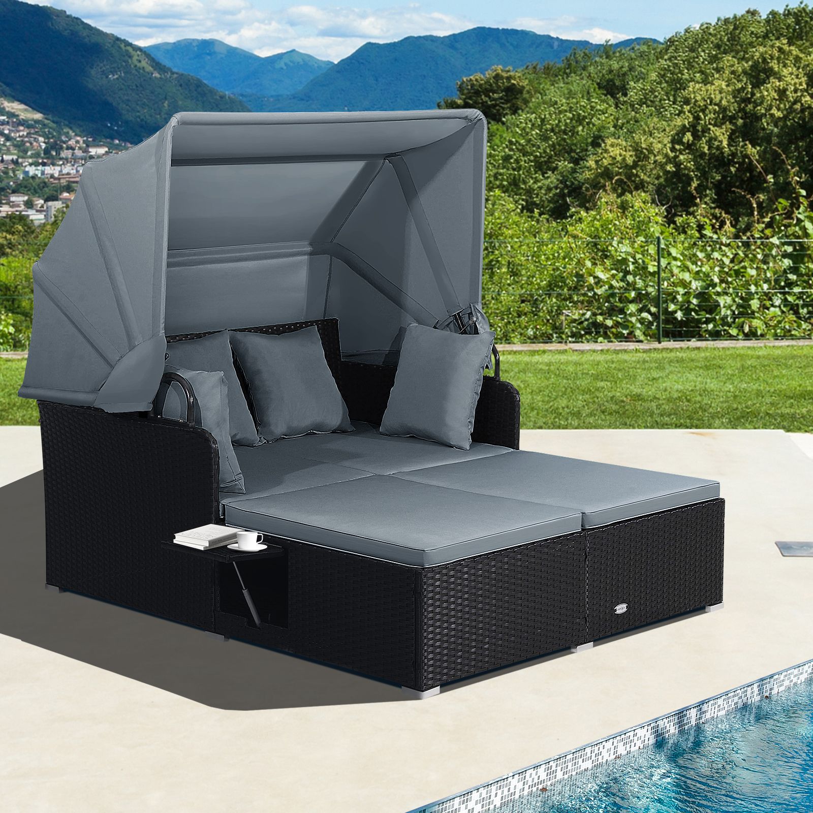 Patio Rattan Daybed, Retractable Canopy and Side Tables