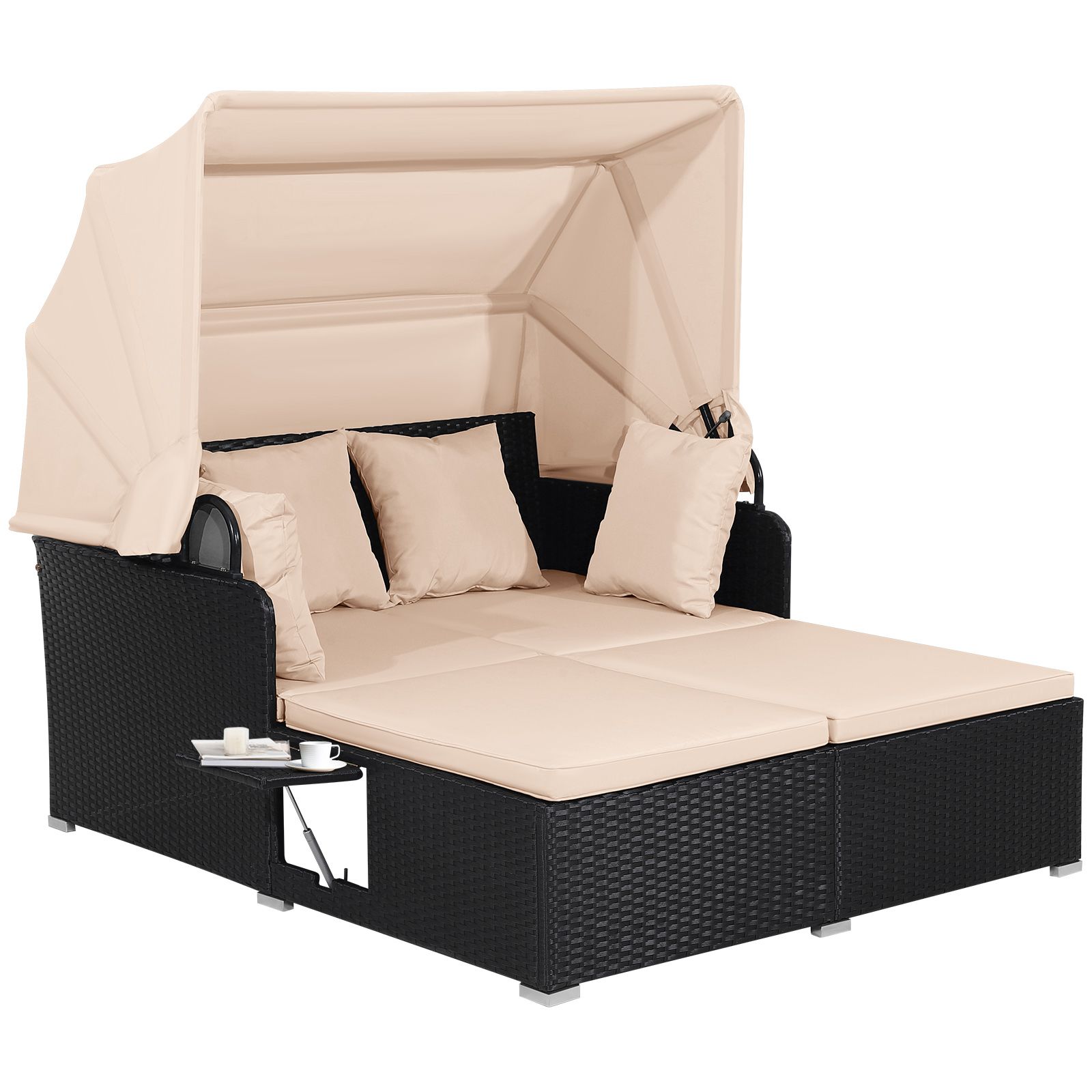 Patio Rattan Daybed, Retractable Canopy and Side Tables