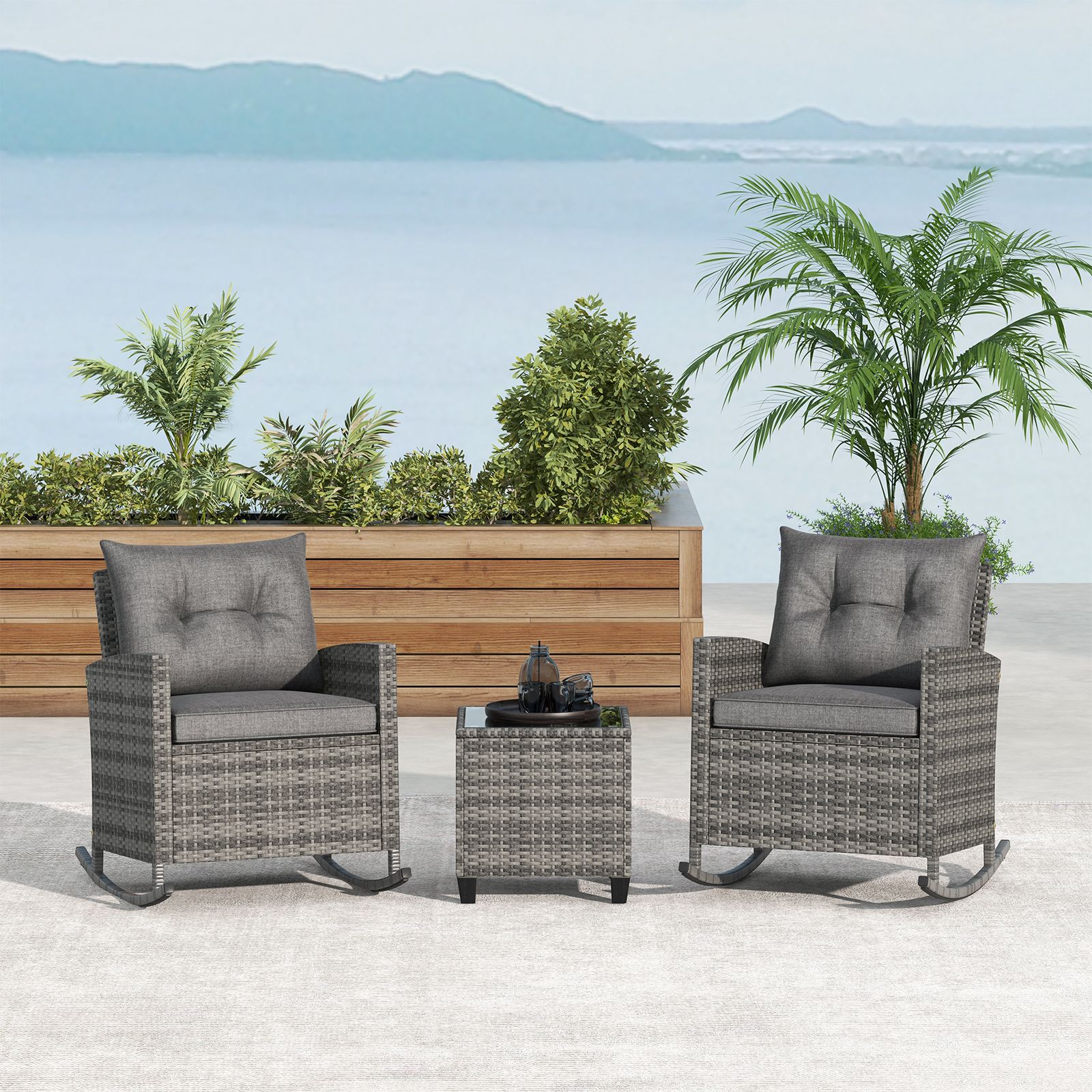 3-Piece Patio Rattan Rocker Chairs, Tempered Glass Table and Soft Cushions