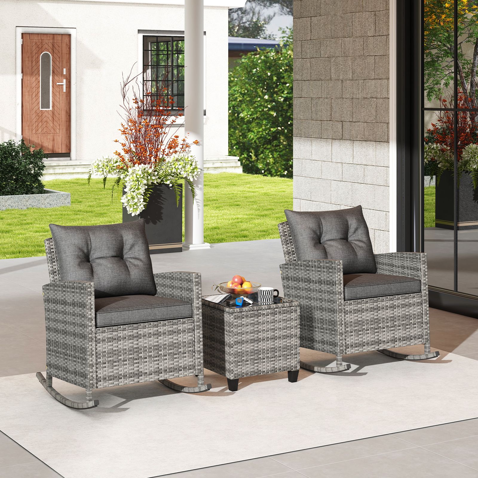 3-Piece Patio Rattan Rocker Chairs, Tempered Glass Table and Soft Cushions