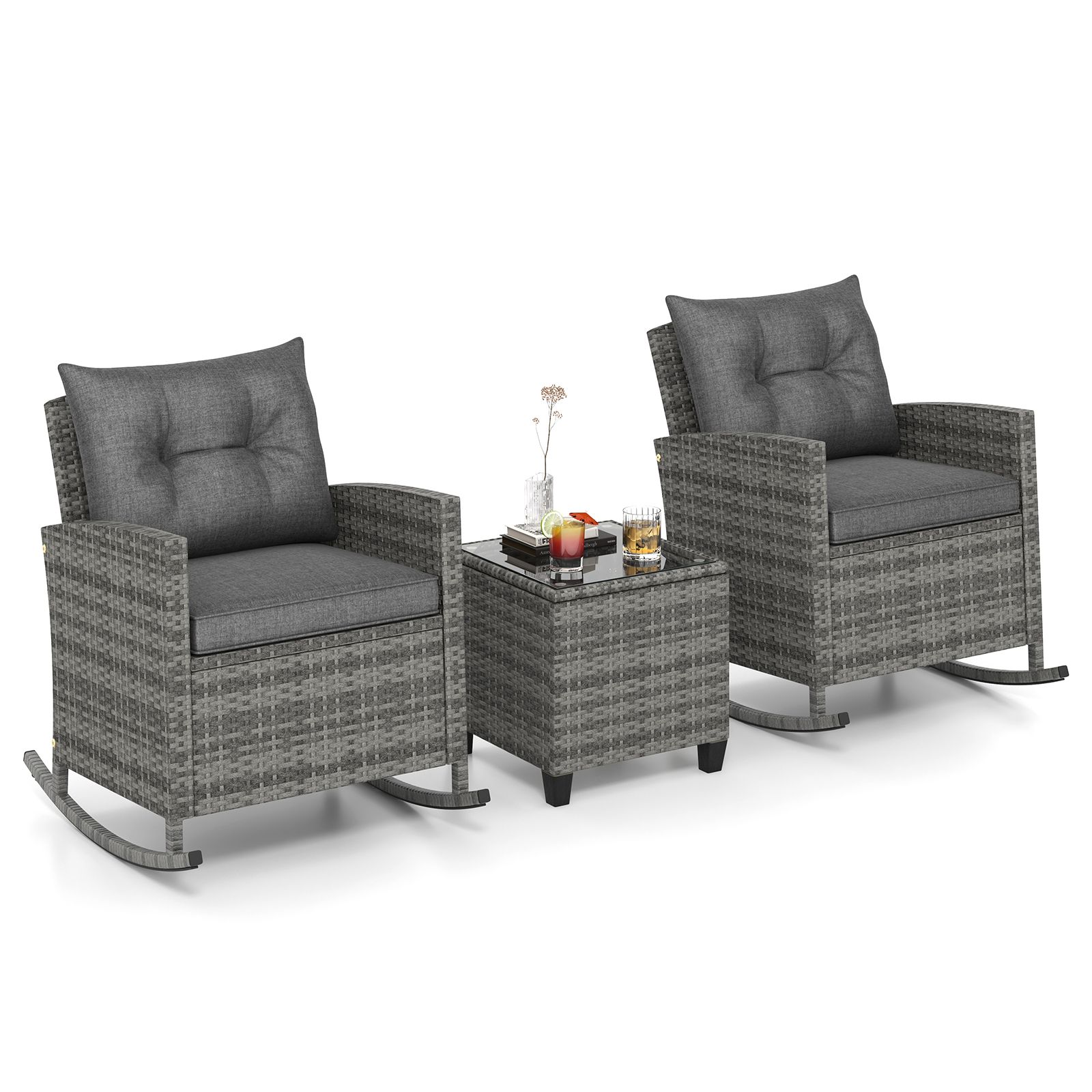 3-Piece Patio Rattan Rocker Chairs, Tempered Glass Table and Soft Cushions