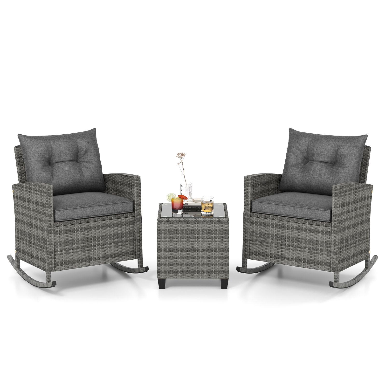 3-Piece Patio Rattan Rocker Chairs, Tempered Glass Table and Soft Cushions