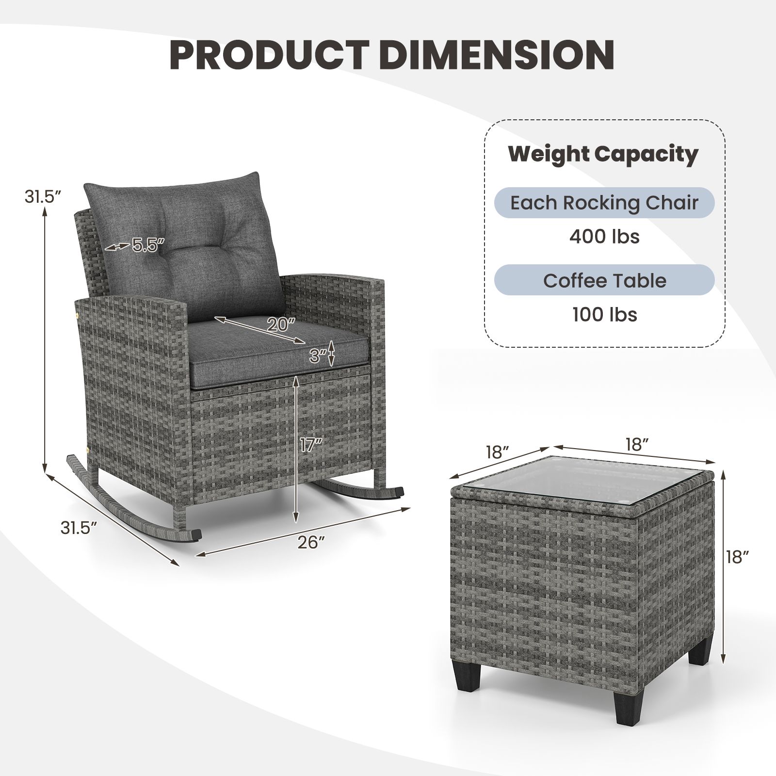 3-Piece Patio Rattan Rocker Chairs, Tempered Glass Table and Soft Cushions