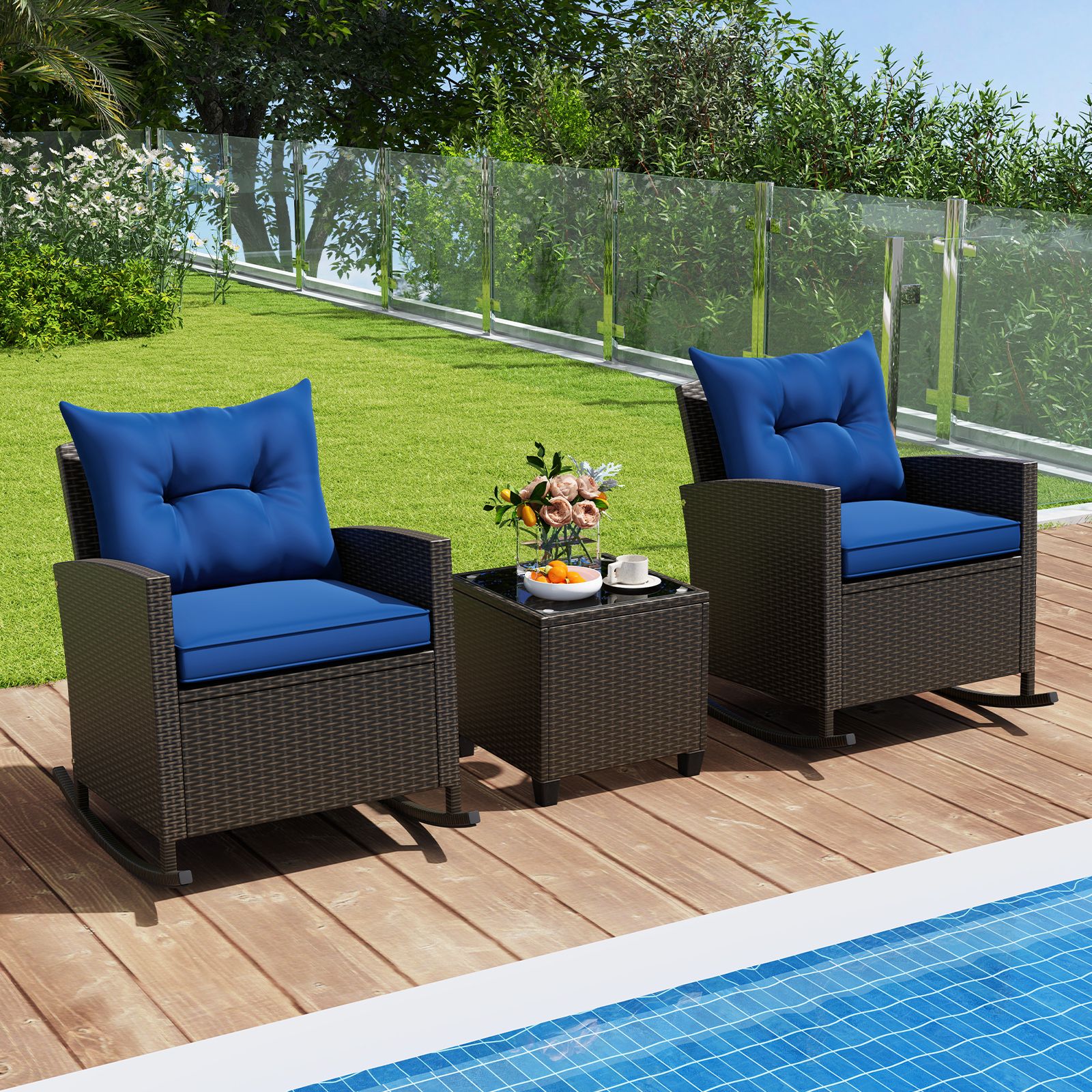 3-Piece Patio Rattan Rocker Chairs, Tempered Glass Table and Soft Cushions