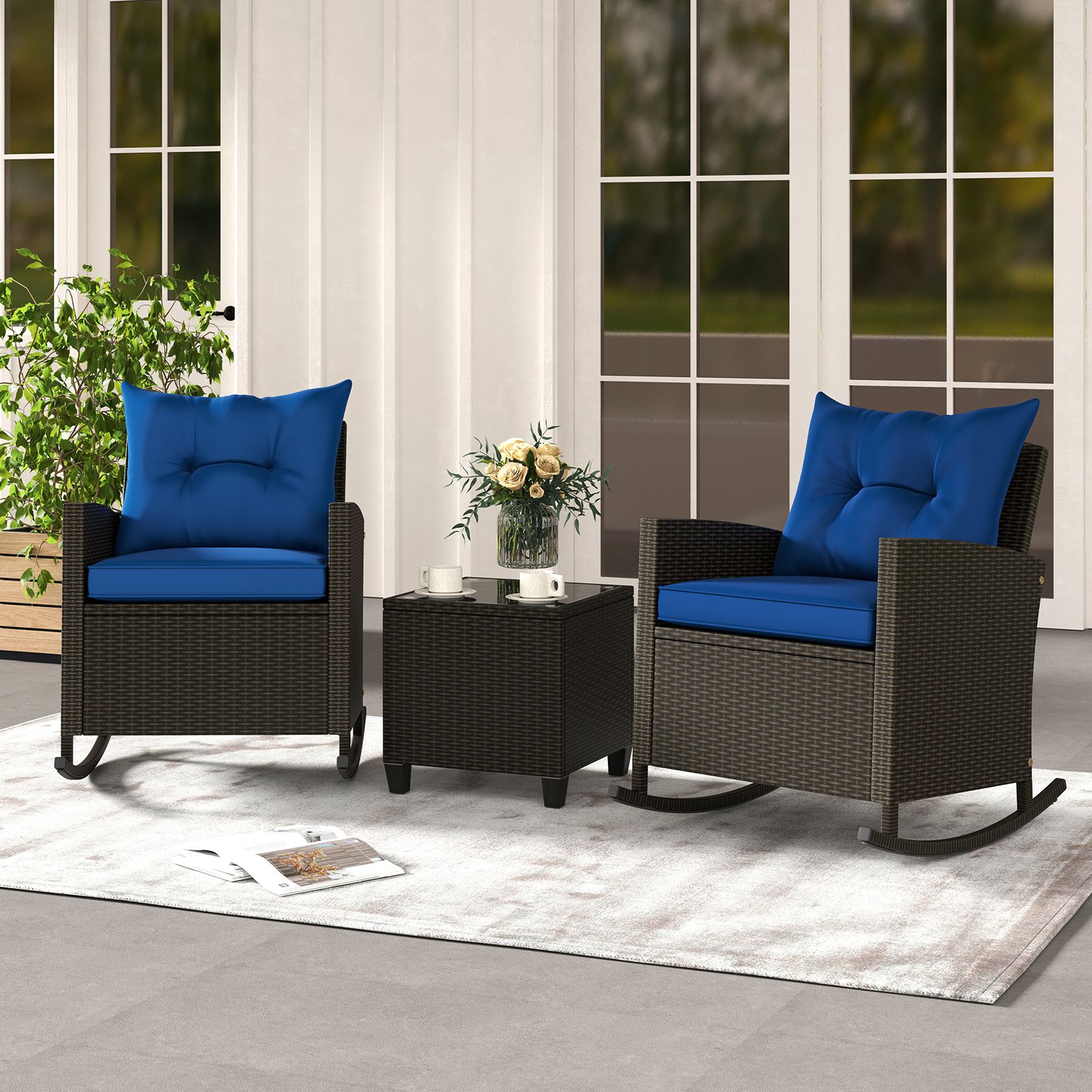 3-Piece Patio Rattan Rocker Chairs, Tempered Glass Table and Soft Cushions