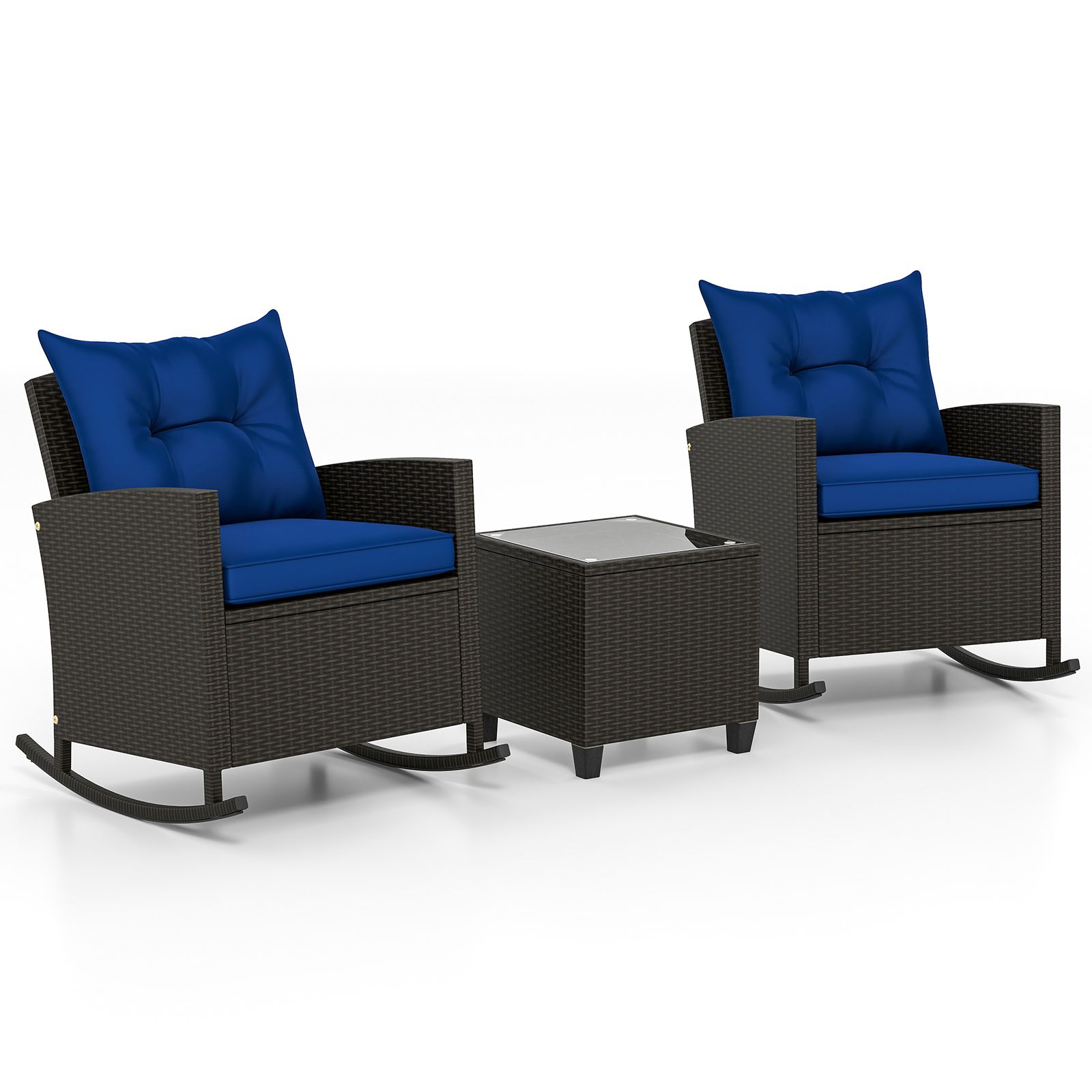 3-Piece Patio Rattan Rocker Chairs, Tempered Glass Table and Soft Cushions