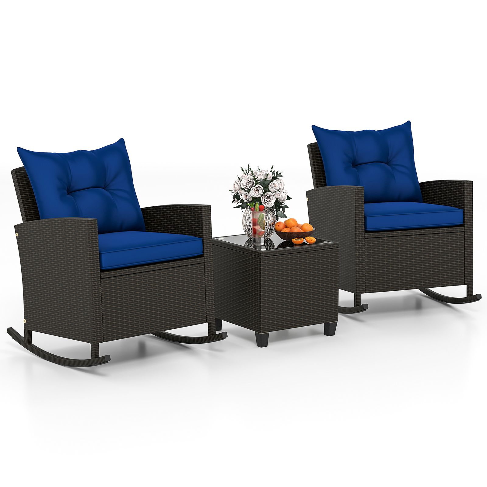 3-Piece Patio Rattan Rocker Chairs, Tempered Glass Table and Soft Cushions
