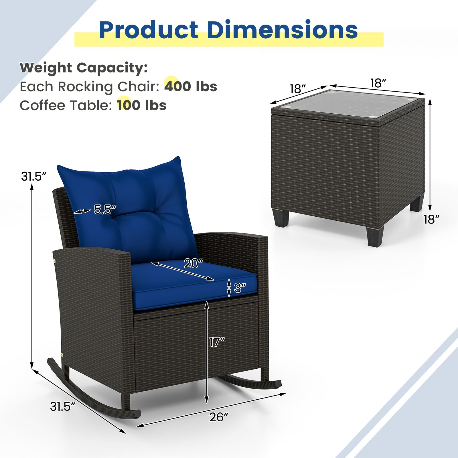 3-Piece Patio Rattan Rocker Chairs, Tempered Glass Table and Soft Cushions
