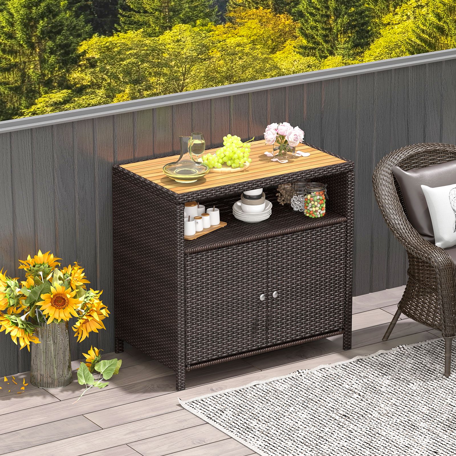 Rattan Storage Cabinet, Acacia Wood Countertop for Poolside Deck and Patio