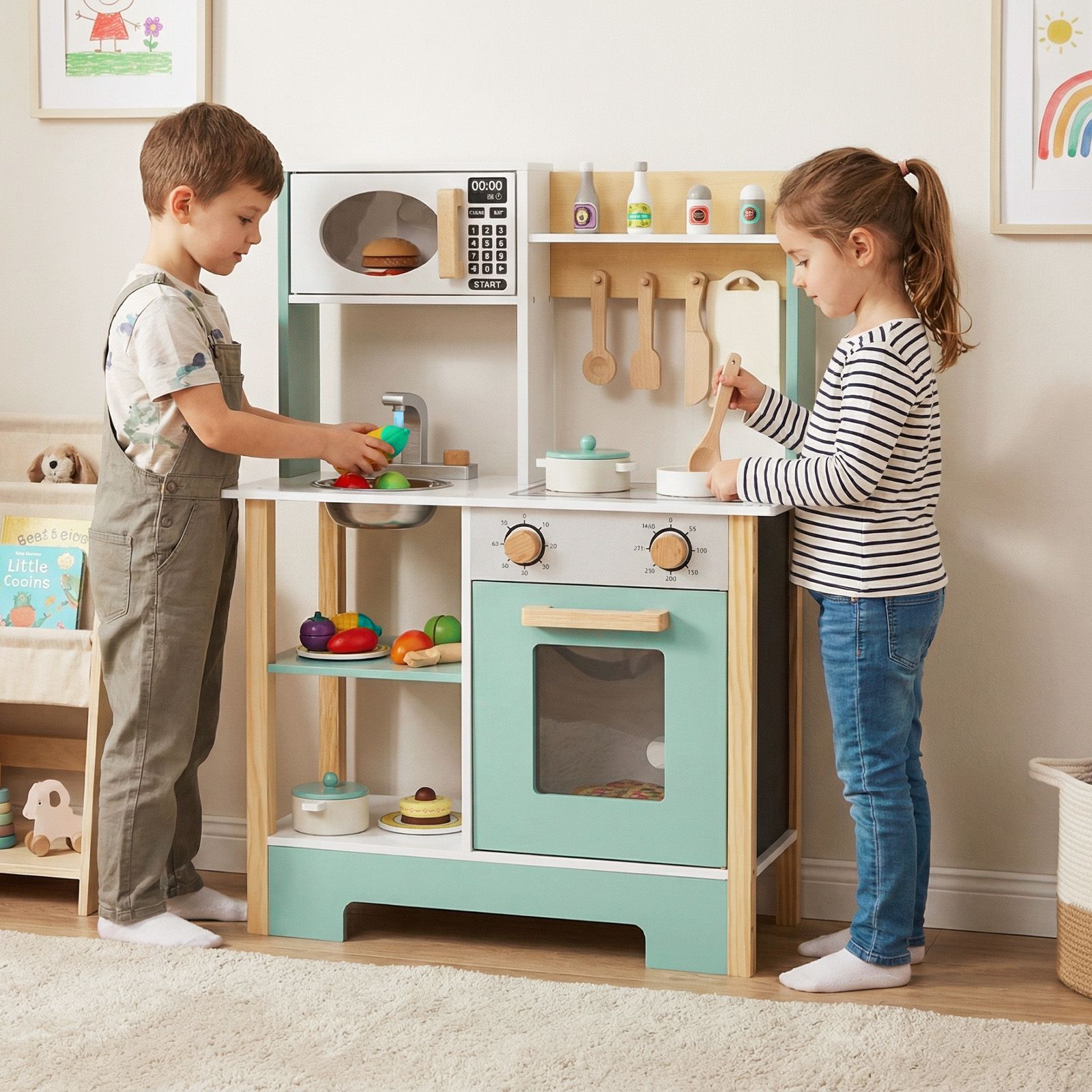 Play Kitchen Wooden Toy Playset, Chalkboard Birthday Gift for Kids Aged 3+