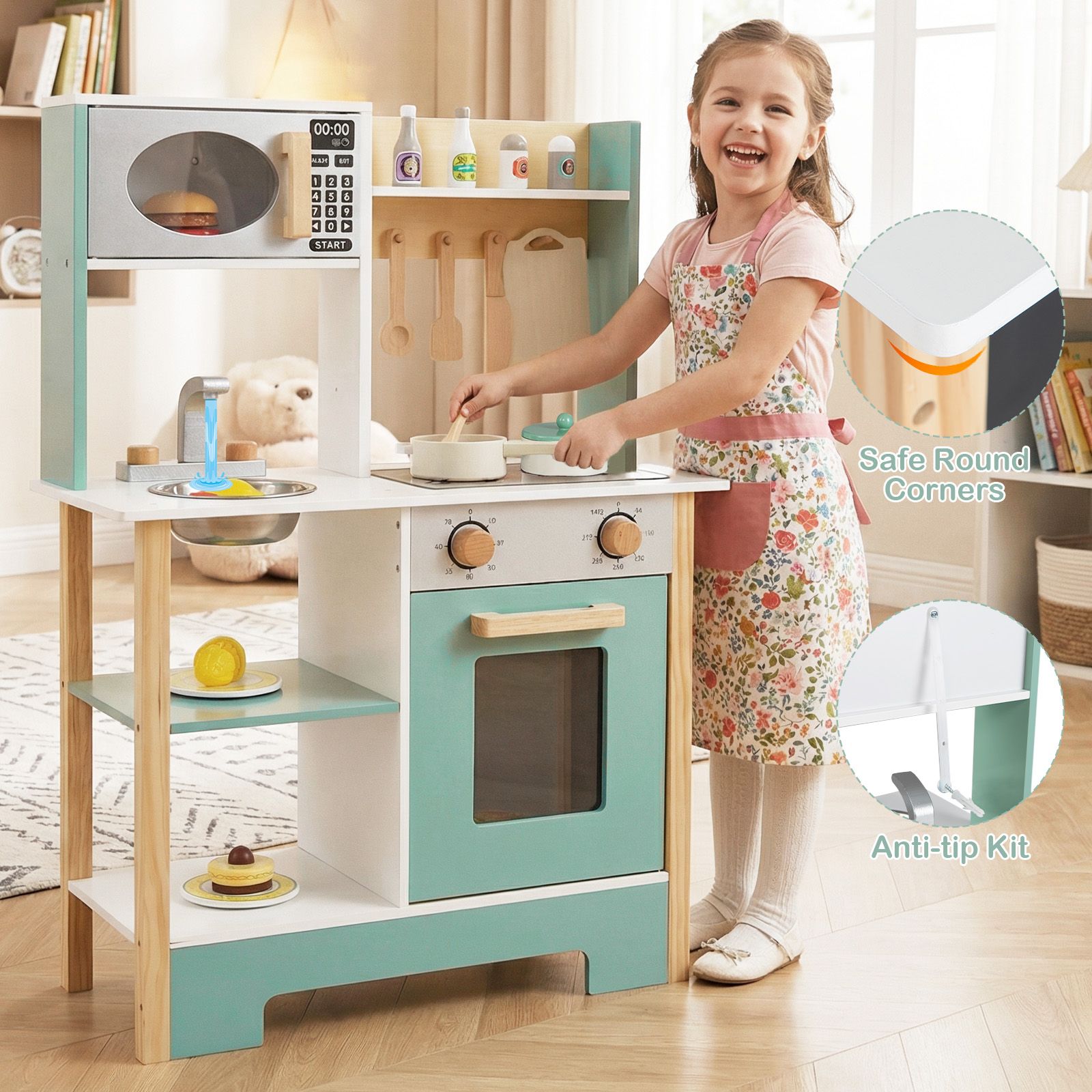 Play Kitchen Wooden Toy Playset, Chalkboard Birthday Gift for Kids Aged 3+