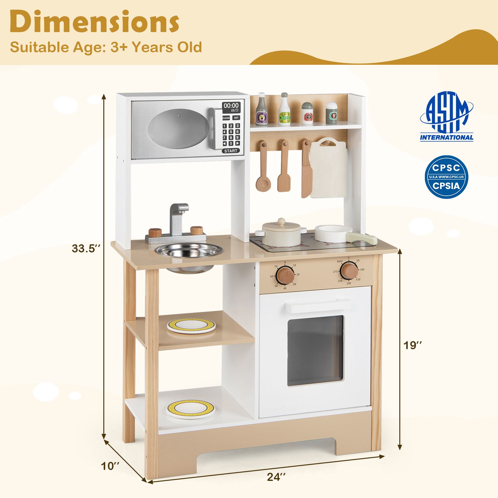 Play Kitchen Wooden Toy Playset, Chalkboard Birthday Gift for Kids Aged 3+