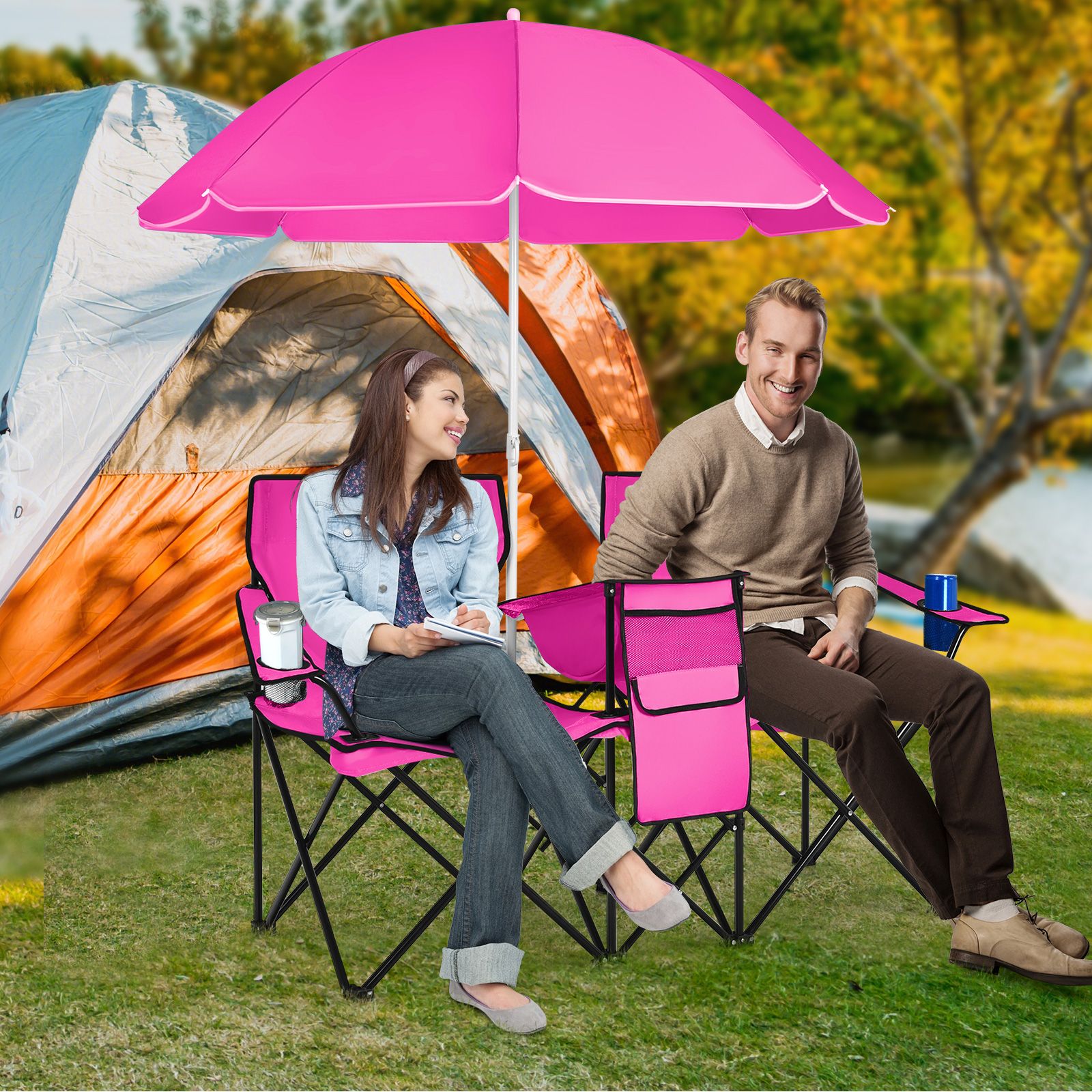 Portable Folding Picnic Double Chair, Umbrella
