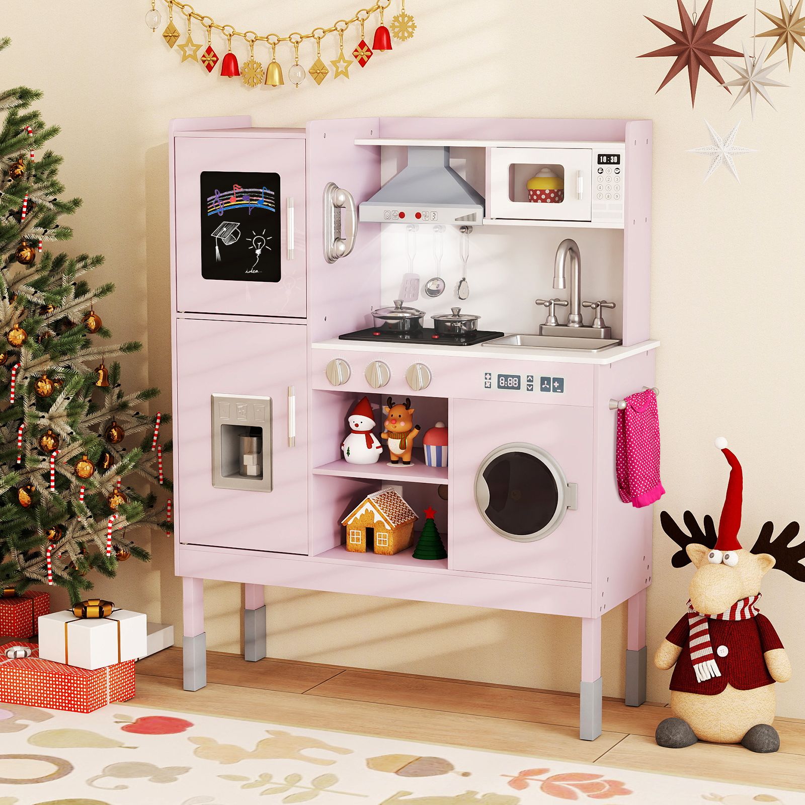 Pretend Play Kitchen Toy Kitchen Playset, Range Hood Ice Maker and Telephone - Pink