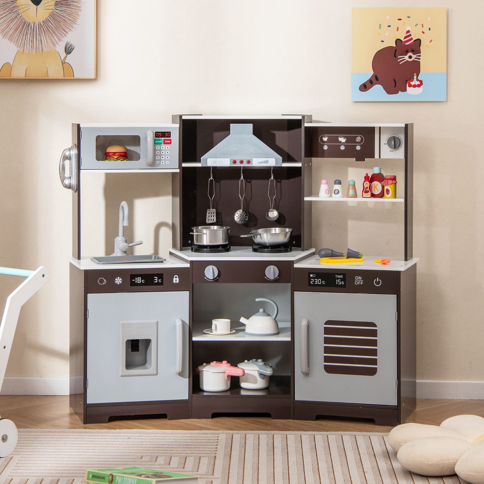 Pretend Play Kitchen Wooden Toy Set, Range Hood Real Sounds and Lights - Brown
