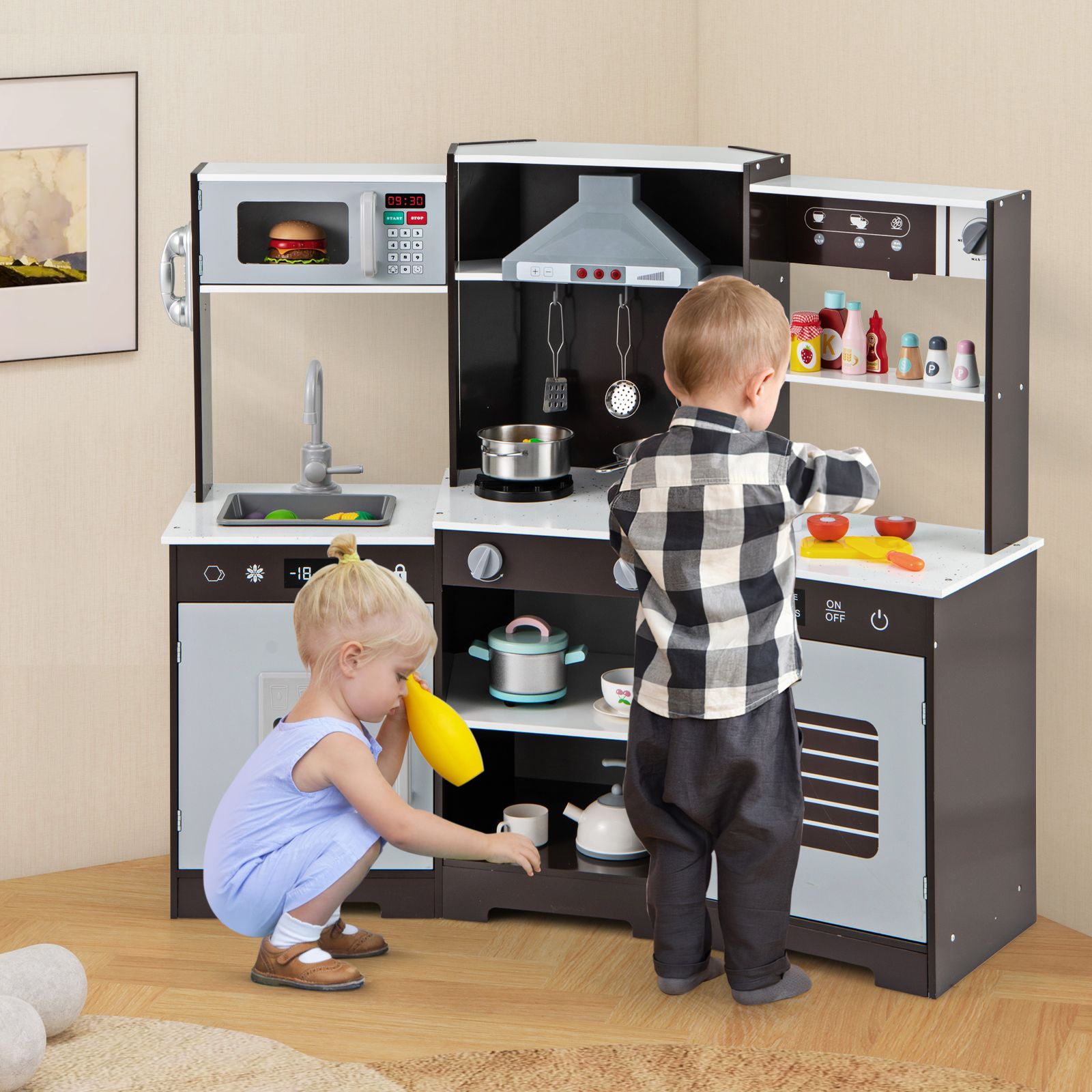 Pretend Play Kitchen Wooden Toy Set, Range Hood Real Sounds and Lights - Brown
