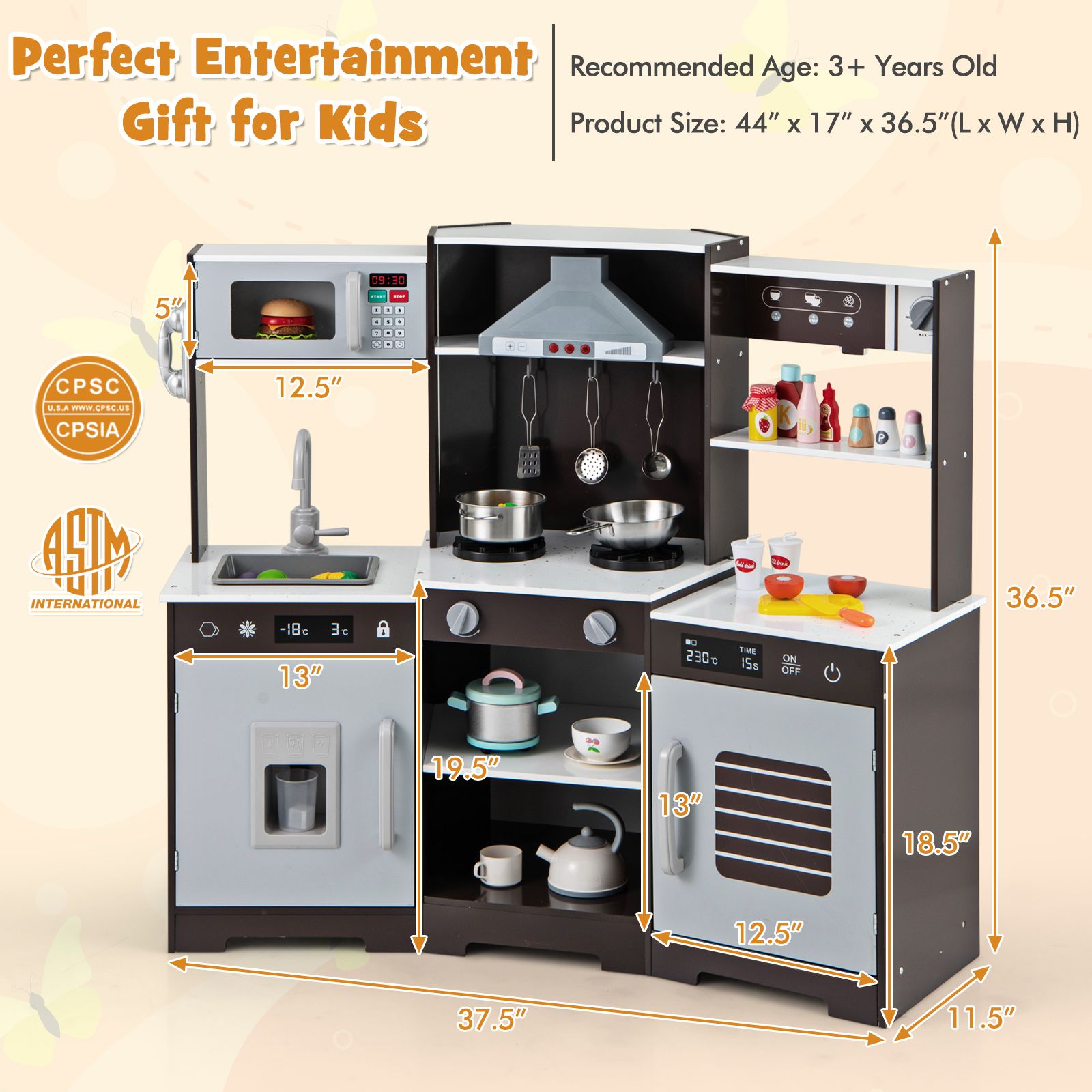 Pretend Play Kitchen Wooden Toy Set, Range Hood Real Sounds and Lights - Brown