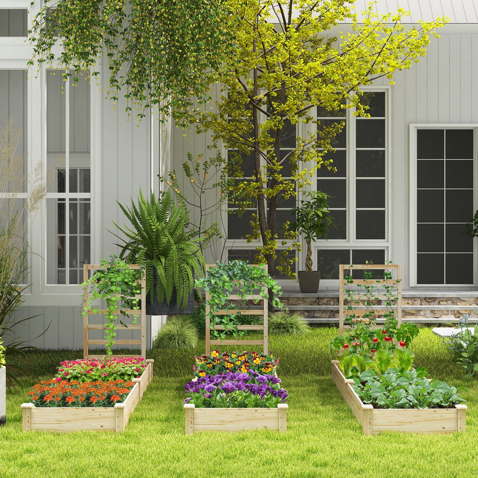 Jardinière surélevée, bac de plantation et treillis - Naturel