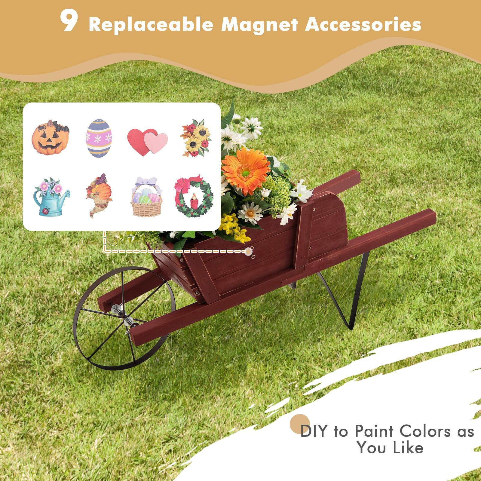 Wooden Wagon Planter, 9 Magnetic Accessories for Garden Yard
